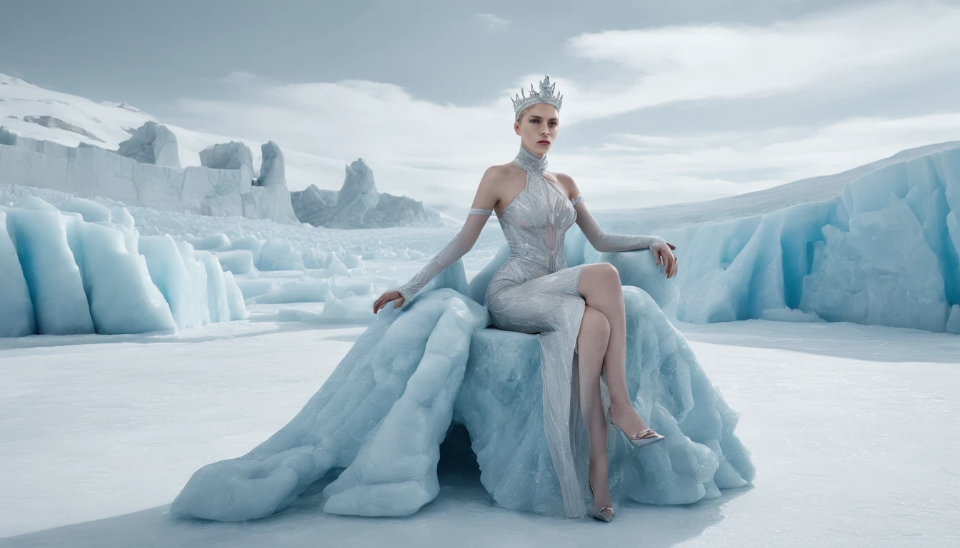 On a glacier at the North Pole there is a princess from an ice kingdom sitting on an ice throne
