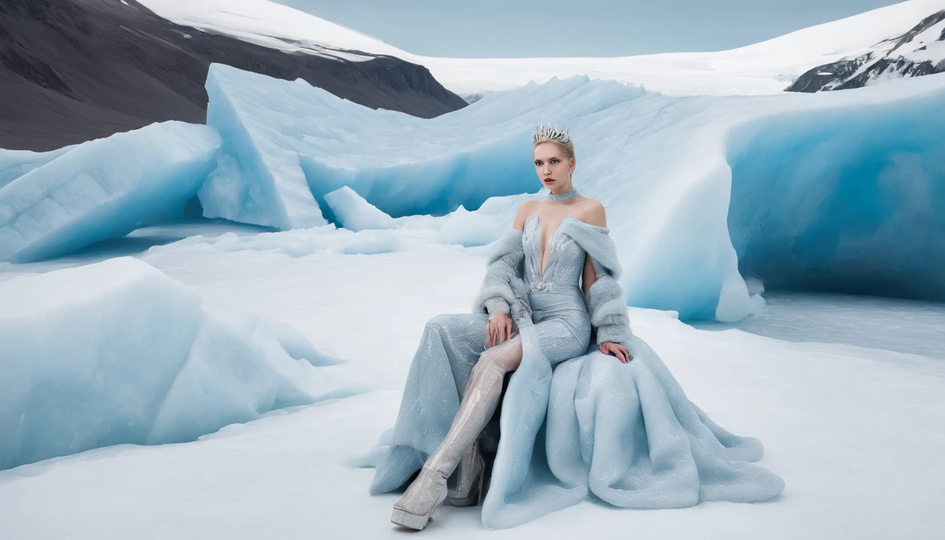 On a glacier at the North Pole there is a princess from an ice kingdom sitting on an ice throne