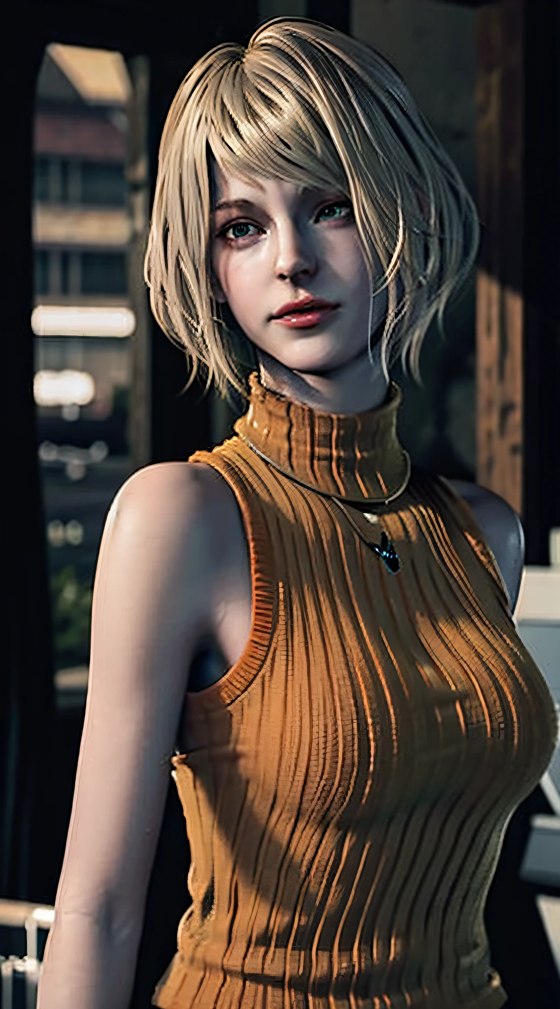 1girl, blurry, photo_\(medium\), realistic, short_hair, sleeveless, solo, looking_at_viewer, blonde_hair, shirt, bare_shoulders, jewelry, green_eyes, upper_body, parted_lips, necklace, sweater, lips, turtleneck, bob_cut, sleeveless_turtleneck, orange_shirt, Ashley, 3d,