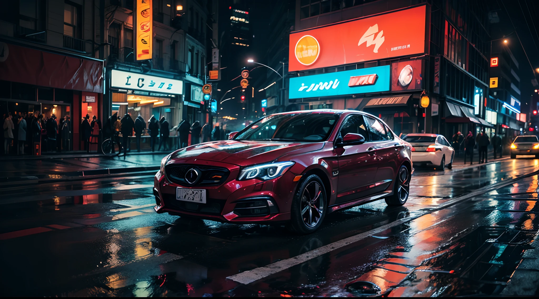 street photograph of a rainy night in New York, reflections on wet pavement, busy traffic, (glowing neon signs), ((car headlights, motion trails of light)), high definition, 4k, 8k, photorealistic , ultra photoreal , ultra detailed, intricate details