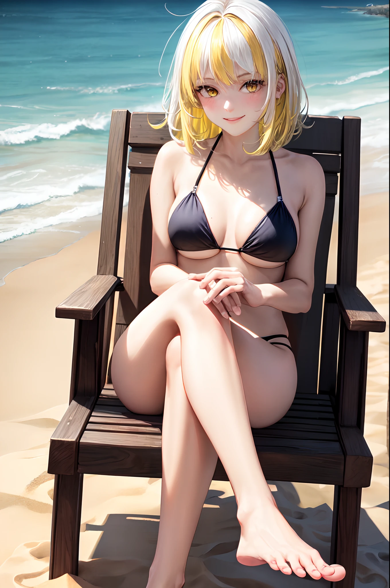 8k, masterpiece, , 1girl, black bikini, barefoot, yellow eyes, medium hair, messy bangs, tiny breasts, (white hair:1.3), yellow hair, (two-tone hair:1.3), at beach, sitting on beach white chair, light smile, crossed legs, sole, foot focus