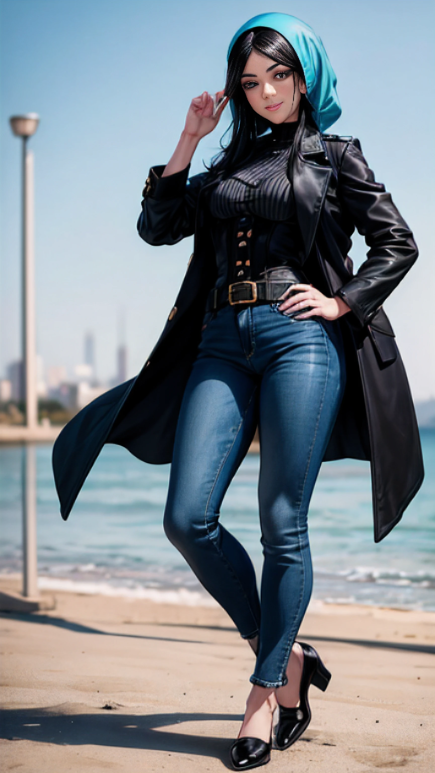 1 woman, 25 years old, black hair, with Iranian hijab, (Teal High jeans: 1.3), (Black coat: 1.3), (double-breasted, Underbust: 1.2), Short sleeves, button gap, A smile, small tits