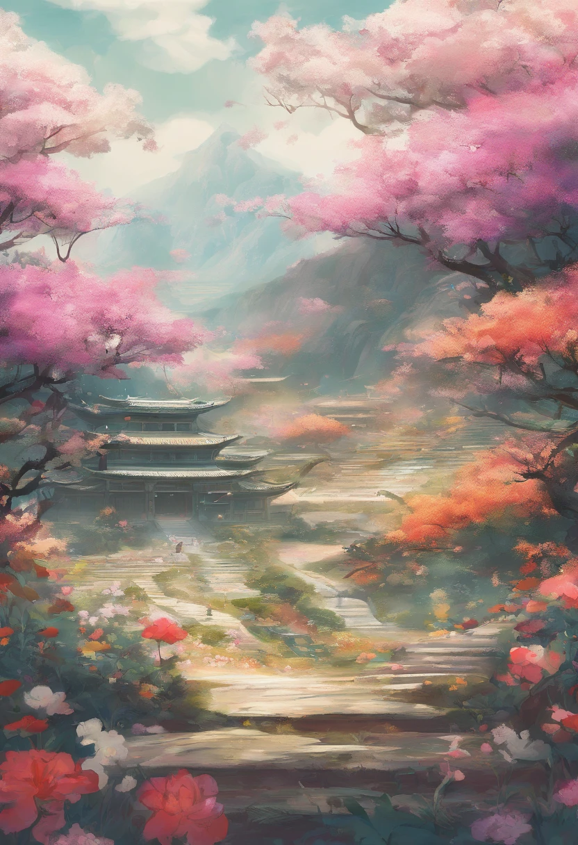 Field with beautiful flowers (close-up cleavage), meditate, Zazen, A meditative (Chinese landscape painting), (ink and watercolor painting), (8k wallpaper), (Light and Shadow Effect), rendering by octane, White balance design, Extremely detailed image representation, Wide angles, depth of fields, masterpiece, realistic, beautifully portrayed, a detailed, accurate, Masterpieces, masterpiece”