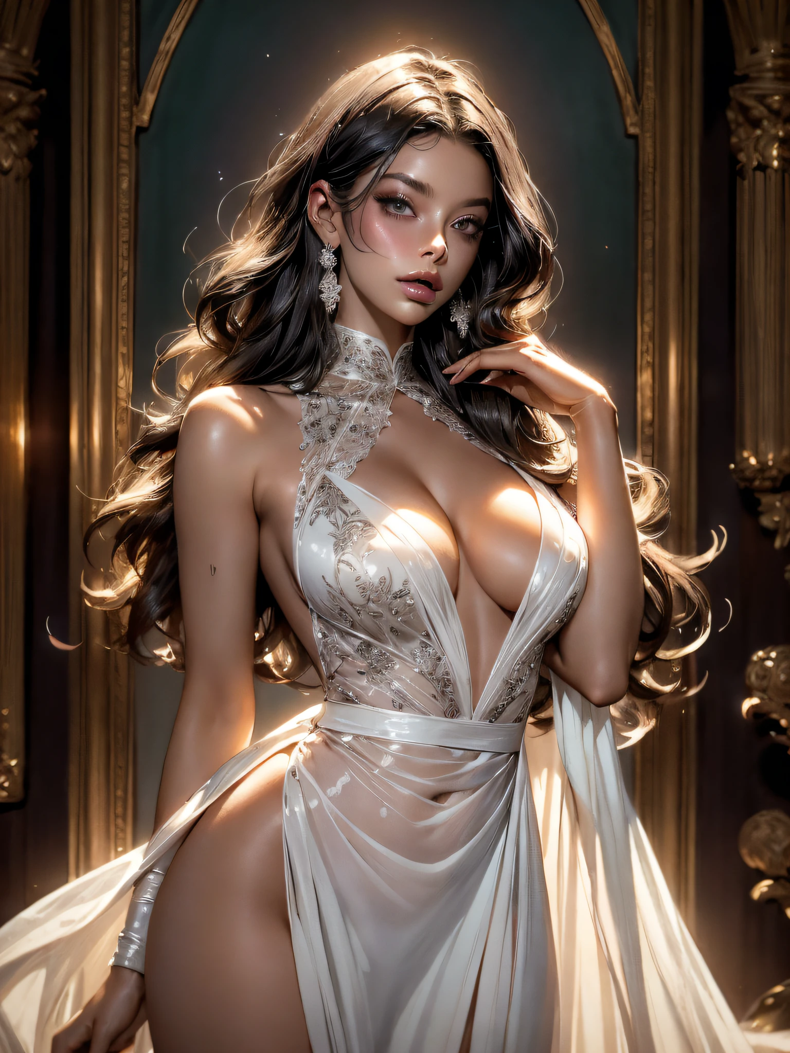 (masterpiece, top quality, best quality, official art, beautiful and aesthetic:1.2), (photorealistic, ultra realistic 8k CG), raw photo, photo:1.5, realistic:1.5, photorealistic:1.5, ultra highres, 8k, texture skin, realistic skin, detailed skin, highest detailed, extreme detailed, 8k wallpaper, colorful, Wearing a sexy white and black halter dress, the big open dress reveals deep cleavage, the towering chest protrudes forward on the garment, the traces of the purple sexy bra are clearly visible on her body, the beautiful face of the waxing, dabbing lipstick, (focus on), color Ink wash painting,