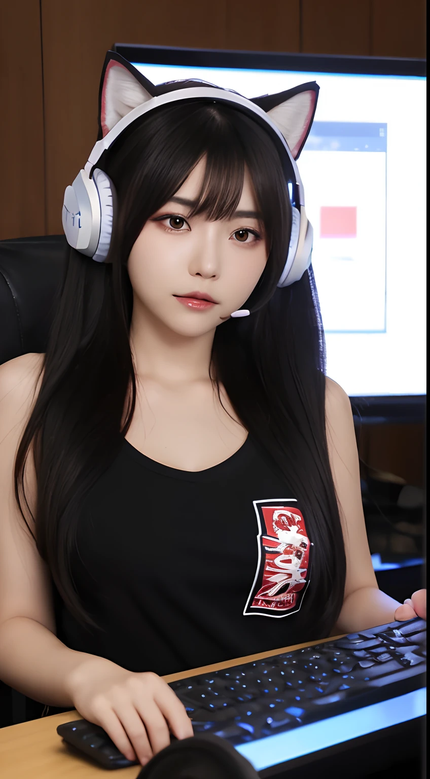 masterpiece, Best Quality, Illustration, Ultra-detailed, finely detailed, highest resolution, 8K Wallpaper, Perfect dynamic composition, Beautiful detailed eyes, Natural Lip, gaming headset, gaming outfit, hoodie and low cut tee shirt with jeans, gaming headset with plastic cat ears, Full body, in front of computer, g-string, wide-screen computer, out of focus background, ((medium sized breast)) ((long black hair)) ((without bangs)) mouse and keyboard