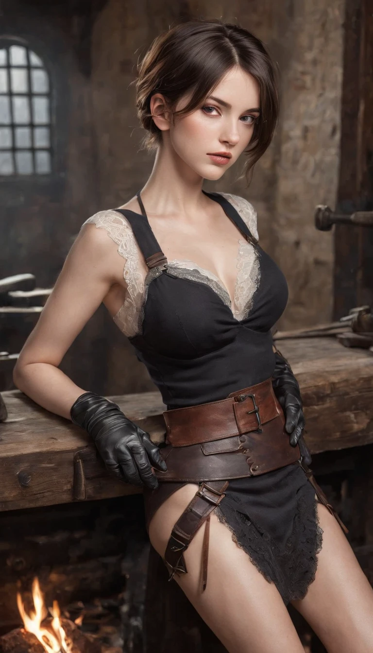 highly detailed analog photo of weaponsmith:1.2, realistic, depth of field, blurry background, 1girl, curvy and big boobs wearing lacy bra, short hair, black gloves, brown hair, closed eyes, fireplace, forge, gloves, holding tool, knife, lips, looking at viewer, skirt, solo, weaponsmith, workbench, working realistic:1.3, masterpiece, best quality:1.1, (analogue photography:1.2),