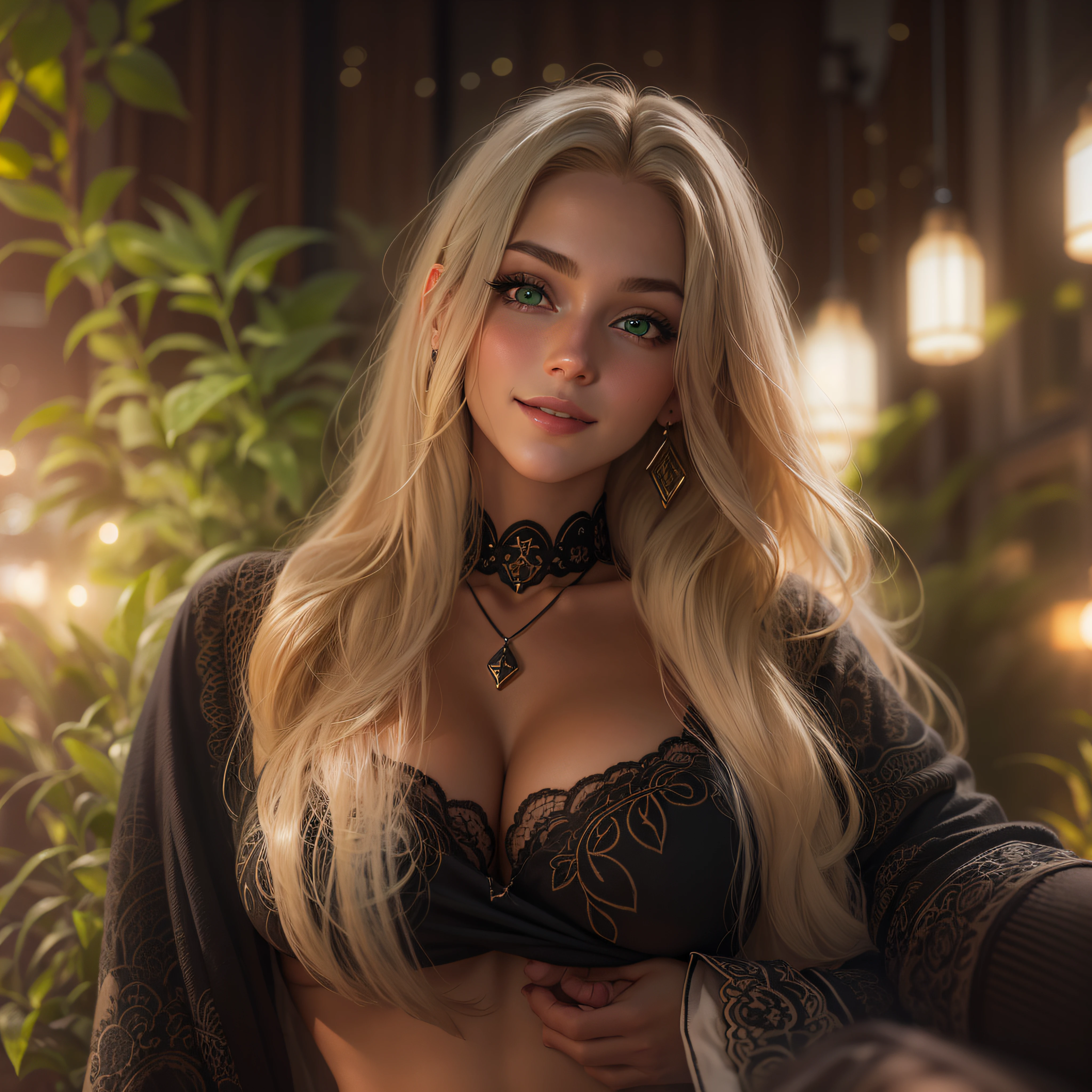 an American woman in a black sheered robe posing for a picture, wearing edgTemptation, indoors, a luxurious hotel, night, plants, smile, mixed American, background blur, focus, professional photography, dynamic angle shot, film grain, bokeh, ray tracing, dynamic lighting, tilt camera, from a front shot, lens flare, ((NSFW)), ((intricate detailed)), ((realistic)), perspective, blonde, young woman, highly detailed, illustration, 1girl, ((big breasts)), beautiful detailed eyes, long hair, bang, blonde hair, green eyes, black choker, earrings, detailed background, perfect eyes, seductive eyes, looking at the viewer, from front