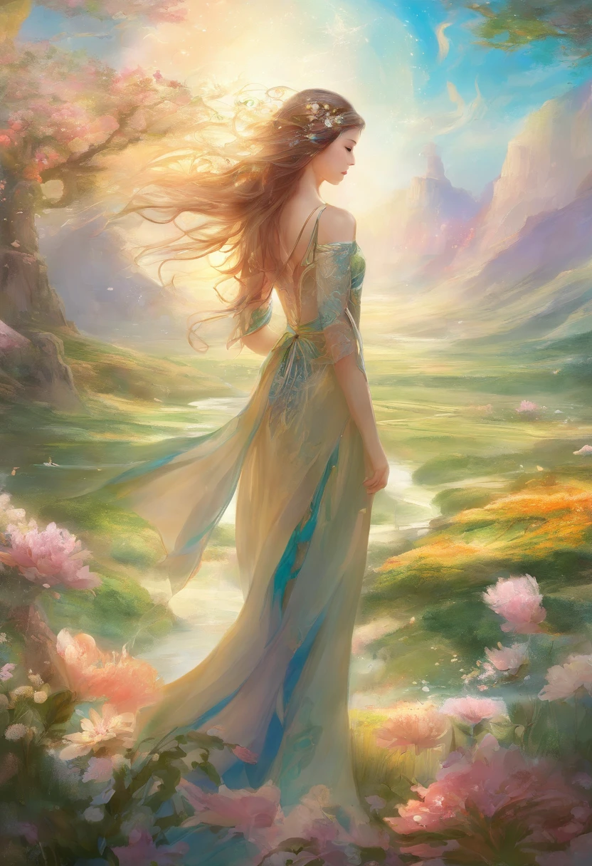 Field with beautiful flowers (close-up cleavage), meditate, Zazen, A meditative (Chinese landscape painting), (ink and watercolor painting), (8k wallpaper), (Light and Shadow Effect), rendering by octane, White balance design, Extremely detailed image representation, Wide angles, depth of fields, masterpiece, realistic, beautifully portrayed, a detailed, accurate, Masterpieces, masterpiece”