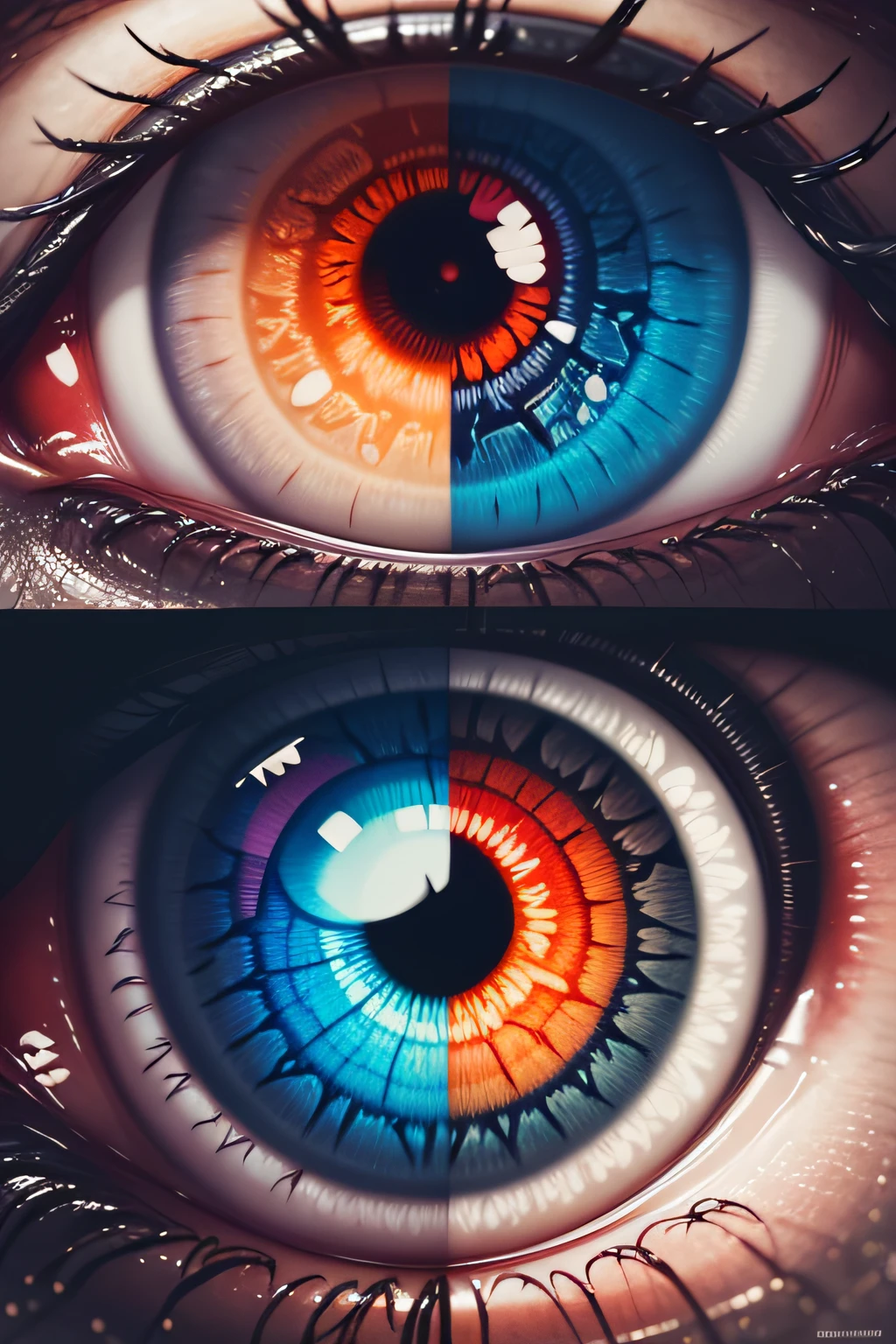 the double eye of an alien in close-up, with all the details of the nerves and reliefs as well as the different shades of color