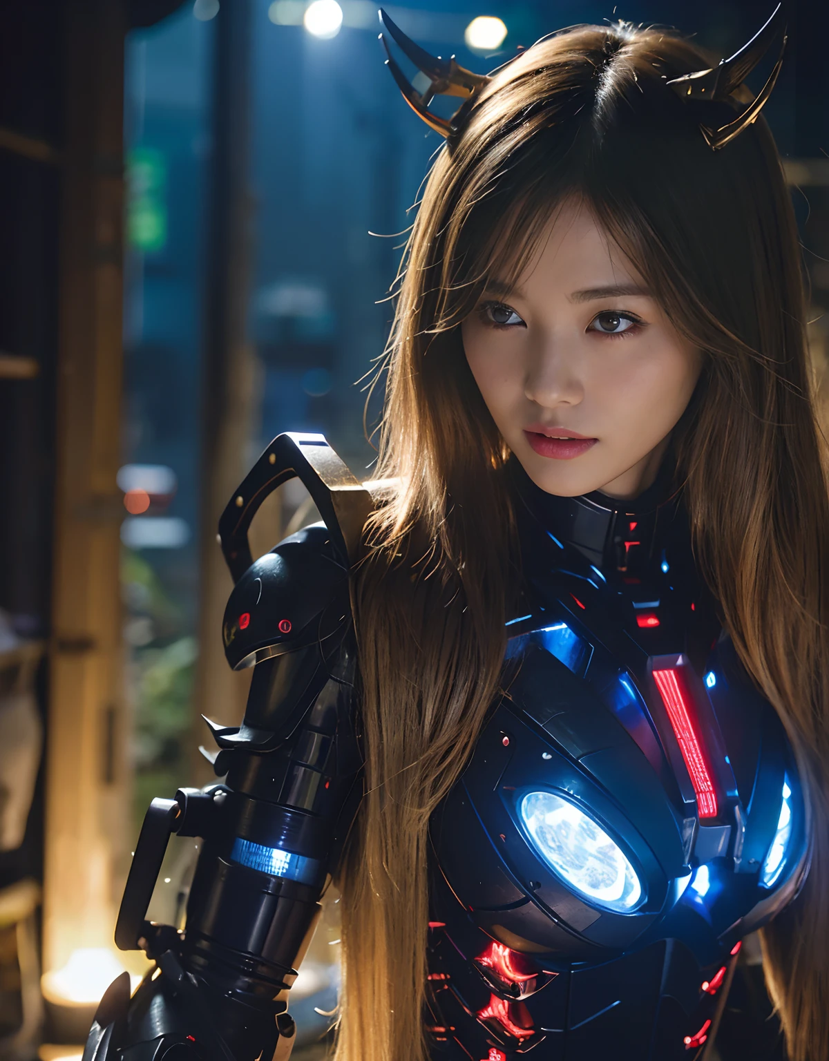 (1 Mechanical Girl)、top-quality、​masterpiece、超A high resolution、(Photorealsitic:1.4)、Raw photo、女の子1人、Golden hair、glowy skin、(((1 Mechanical Girl)))、With a beautiful knife、（Blue Metal Bodysuit）、(beautiful forest background)、(Fighting Demonic Beasts)、(Small LED)、((super realistic details))、portlate、(Strong giant demon beast background),globalillumination、Shadow、octan render、8K、ultrasharp、Colossal tits、Raw skin is exposed in cleavage、metals、Details of complex ornaments、Japan details、highly intricate detail、Realistic light、CGSoation Trends、Red Eyes、radiant eyes、Facing the camera、neon details、(Mechanical limbs)、(blood vessels connected to tubes)、Mechanical vertebrae attached to the back、mechanical cervical attaching to neck、(Wires and cables connecting to the head)、Gundam、Small LED、,Mechanical thighs、Toostock、（Hands are also made of machines）、（Attack of the Monster Beasts）、（Wounded in a deadly battle）、