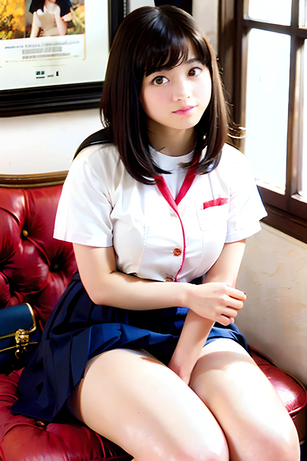 top-quality,ultra-detailliert,masterpiece,realisitic,Photo Real,Bright lighting,1 girl in, Very beautiful 9 year old girl, (kawaii:1.2),Thin smile, (Brown eyes),(brown haired),(bangss),perfect glossy skin,flawless skin,((erotick,Sexy and sexually explicit)),((accurate hands without incongruity)), large full breasts,big breasts thin waist, Look at viewers,((校服)),((Short sleeve uniform white shirt)),(red necktie),(Blue Mini Pleated Skirt),(((skirt lift by yourself))),(Lifting the skirt yourself),(((((Cute panties are in the picture))))),(((Black panties,panties focus))),((Sit up,spread legswide)), sockes, (Black knee socks),(Loafer shoes), during daytime,On the train,Horizontal long seat with your back to the window