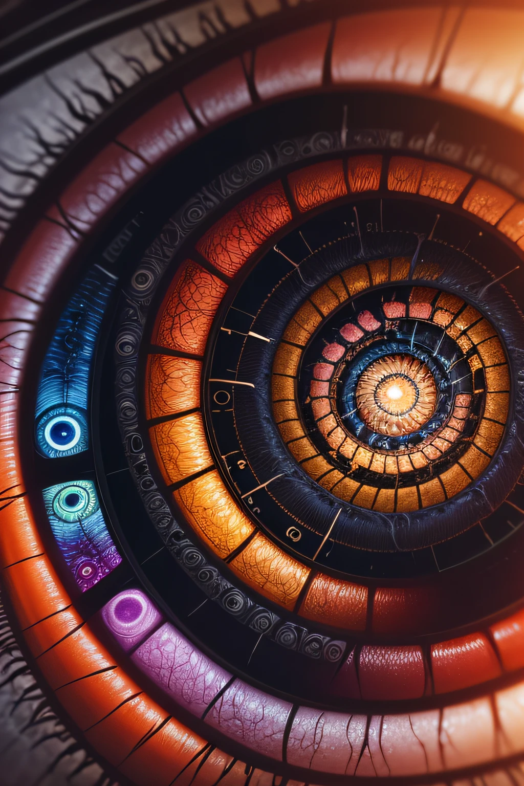 the spiral eye of an human in close-up, with all the details of the nerves and reliefs as well as the different shades of color