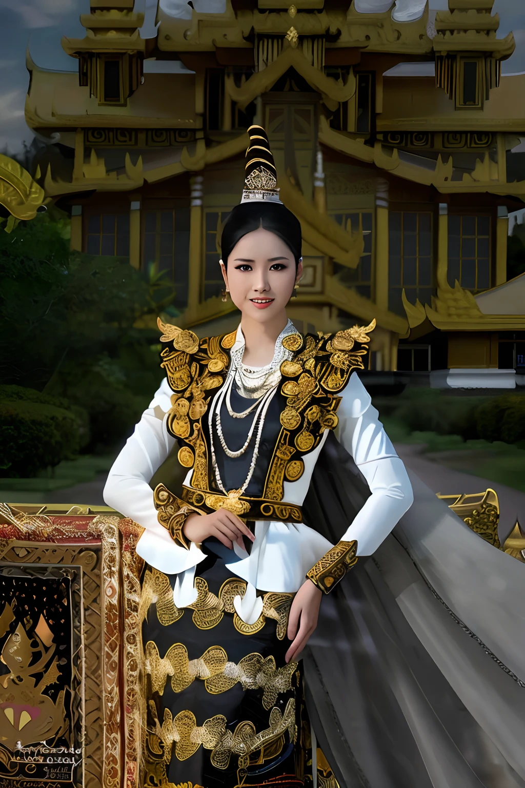 arafed woman in a traditional thai costume posing for a picture, sukhothai costume, wearing ornate clothing, wearing traditional garb, wearing an ornate outfit, traditional dress, wearing authentic attire, traditional clothing, traditional tai costume, traditional costume, traditional clothes, traditional beauty, in style of thawan duchanee, wearing ornate silk clothes