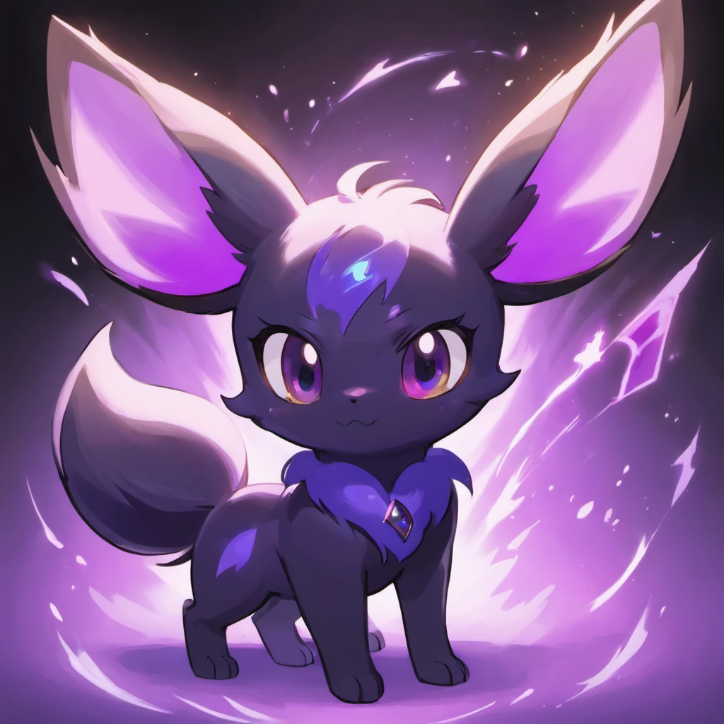 Eevee, ebony black, fangs, ghostly violet and purple aura, spooky, nightmare, masterpiece, best quality