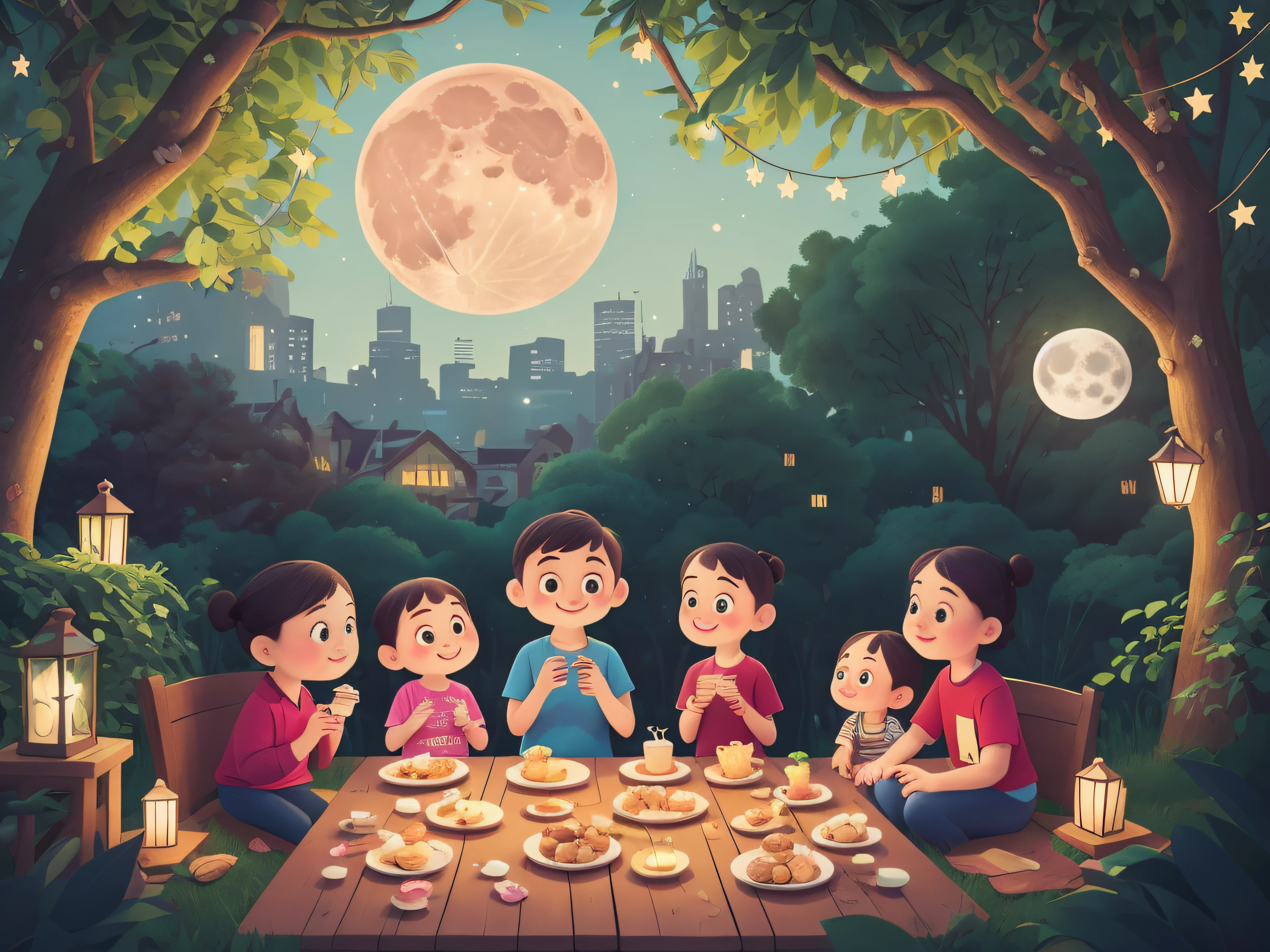 A huge moon floated over the city，The family sits together eating mooncakes，Mom and dad laugh with their children，Have in the living room、Bright house scene，Stars shine，Mid-Autumn Festival，Colorful，KIDS ILLUSTRATION，Glow effect，Dingdall effect，depth of fields，Highlight，Real light，Ray traching，oc rendered，Hyper-realistic，best qualtiy，8K，Works of masters，super-fine，Detailed pubic hair，Correct anatomy，sharp focus on eyes，Bokeh，Carefully drawn facial features，Mother，Make mooncakes，The lantern glows