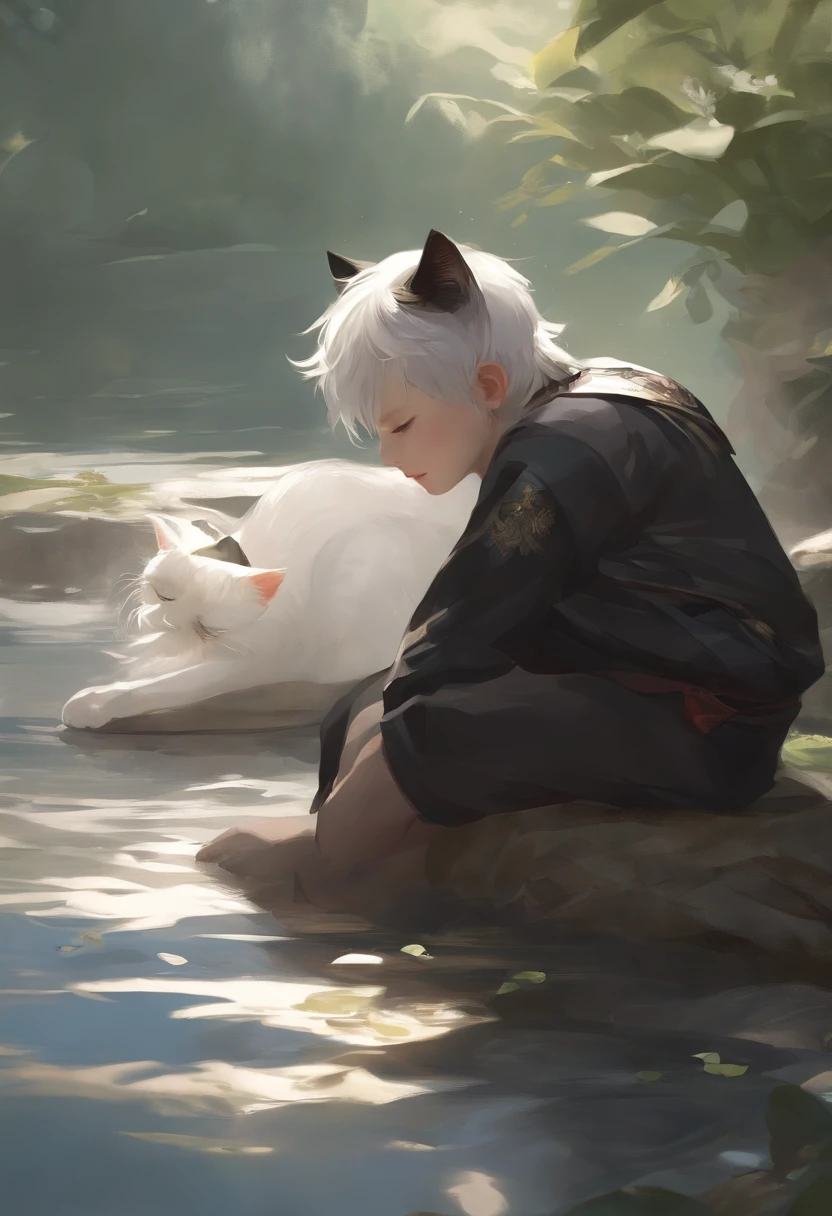 Style image of a boy lying on the river, trending on artstation pixiv, Guviz-style artwork, Very handsome, Guviz, Guweiz on ArtStation Pixiv, Young male cat,Black body,White hair,Close-up photos,lies on the ground,male people,toddle,Half immersed in water,((Libido boy)),,cat ear,by Pino Daeni, canyne khai, milkytiger1145, Dagasi, Yupa