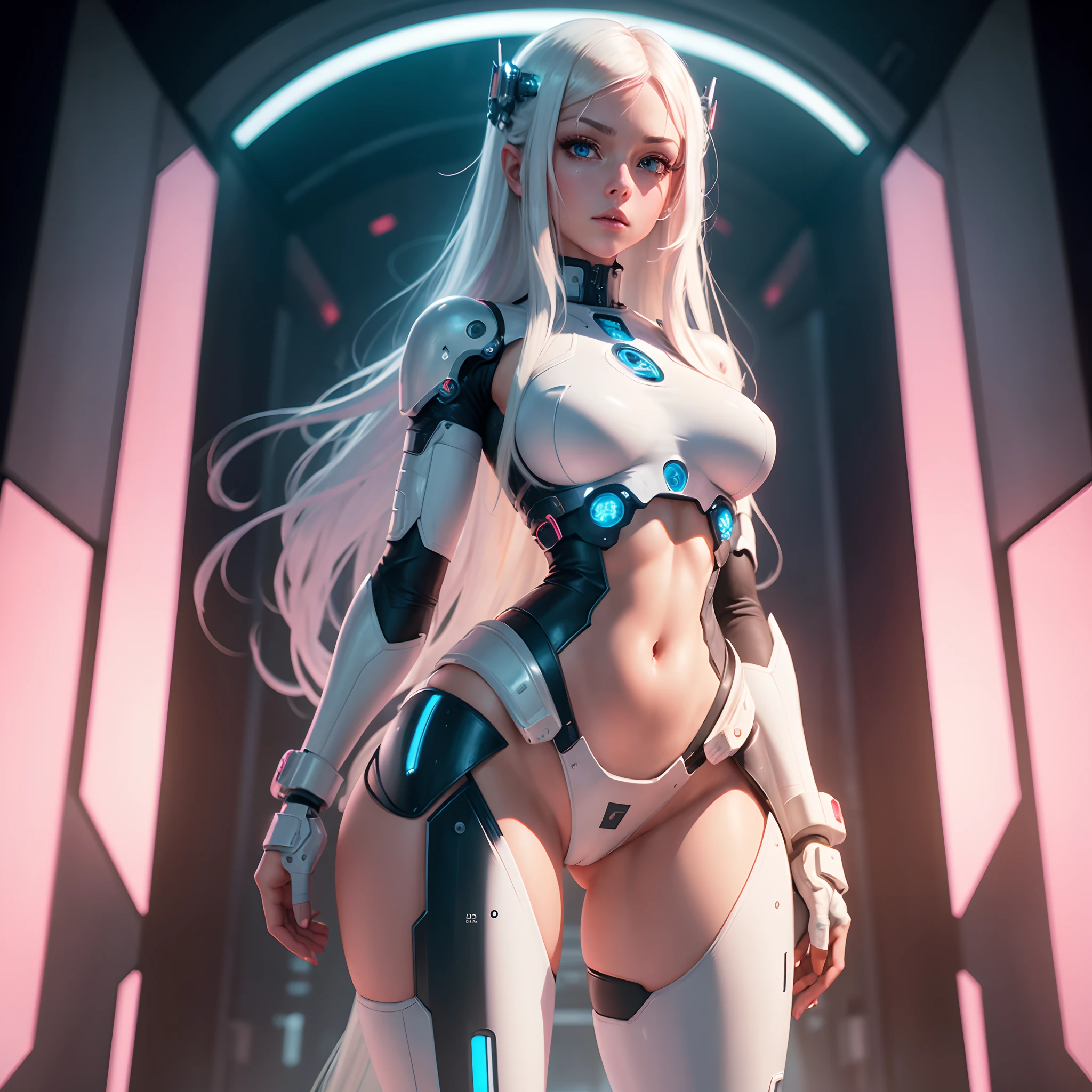 mechanic girl, A cyborg woman with flesh elements, Cute beautiful face, Gorgeous hips, White long hair, blue eyes, big hips, Pink panties are visible, sexy figure, Her hands behind her back, There are no hands at all, looking at the camera, Background of the space city