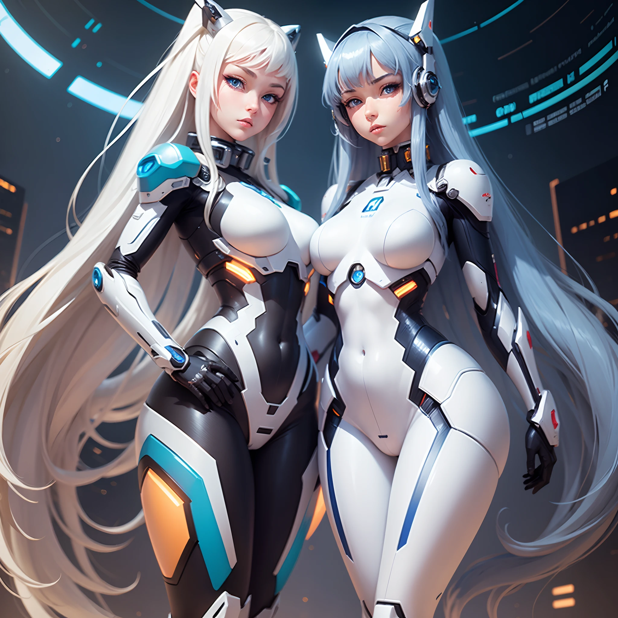 Mecha Girl, Cyborg woman with skin elements, Cute beautiful face, Gorgeous hips, White long hair, blue eyes, big hips, sexy figure, Her hands behind her back, looking at the camera, Background of the space city