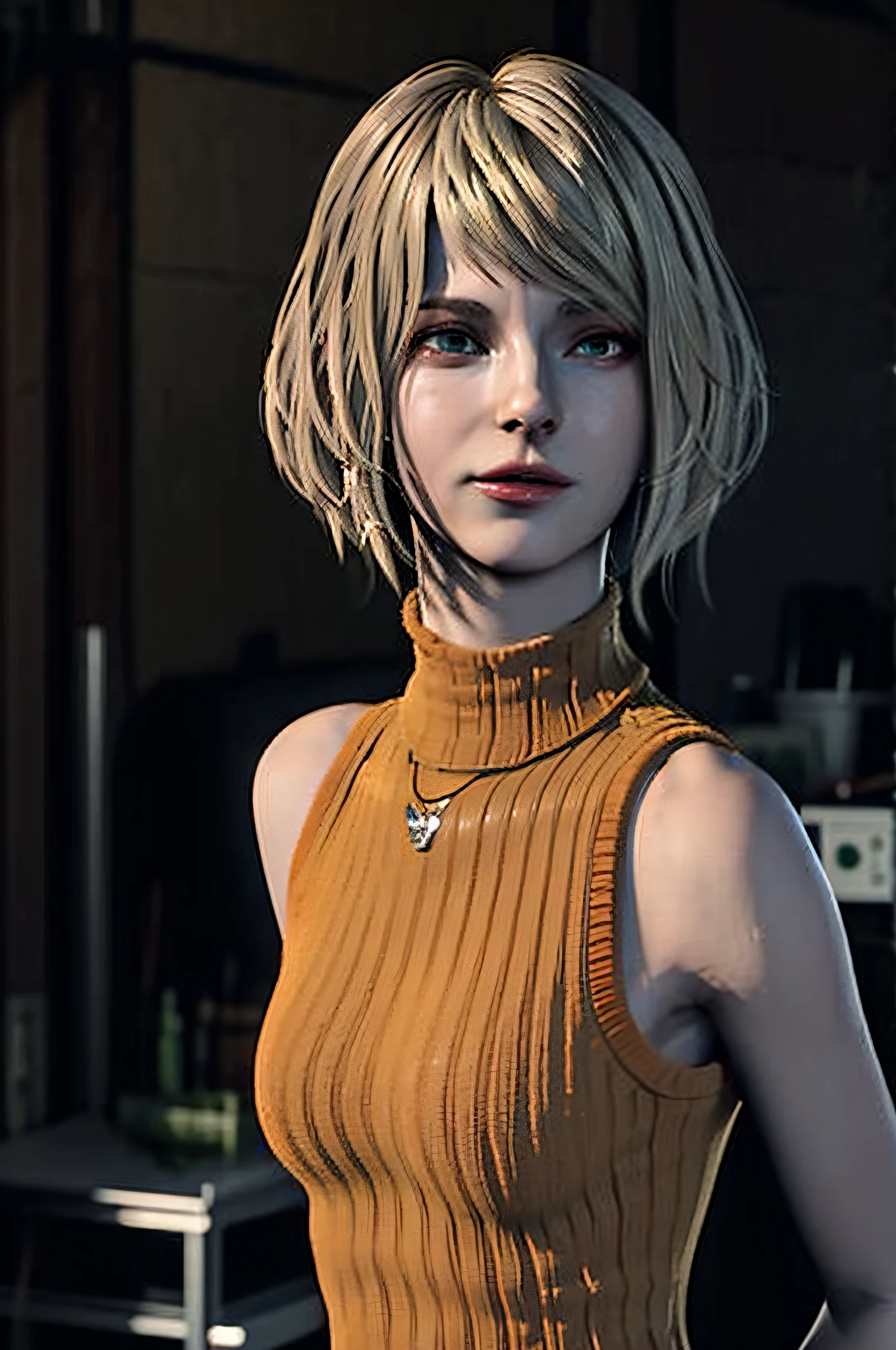 1girl, blurry, photo_\(medium\), realistic, short_hair, sleeveless, solo, looking_at_viewer, blonde_hair, shirt, bare_shoulders, jewelry, green_eyes, upper_body, parted_lips, necklace, sweater, lips, turtleneck, bob_cut, sleeveless_turtleneck, orange_shirt, Ashley, 3d,