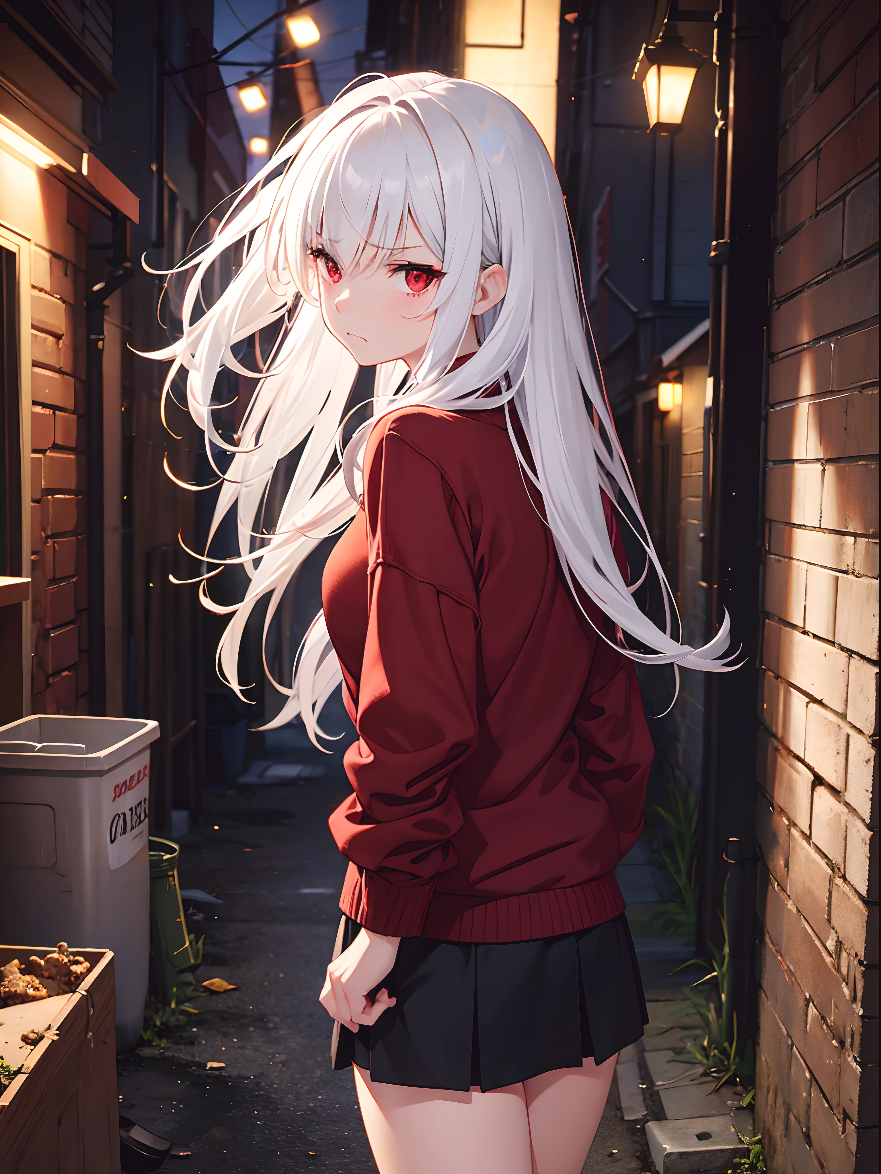 Close up, night, back alley, trash, dimly lit, adult woman, short, neutral expression, frown, red eyes, white hair, red sweater, black short skirt