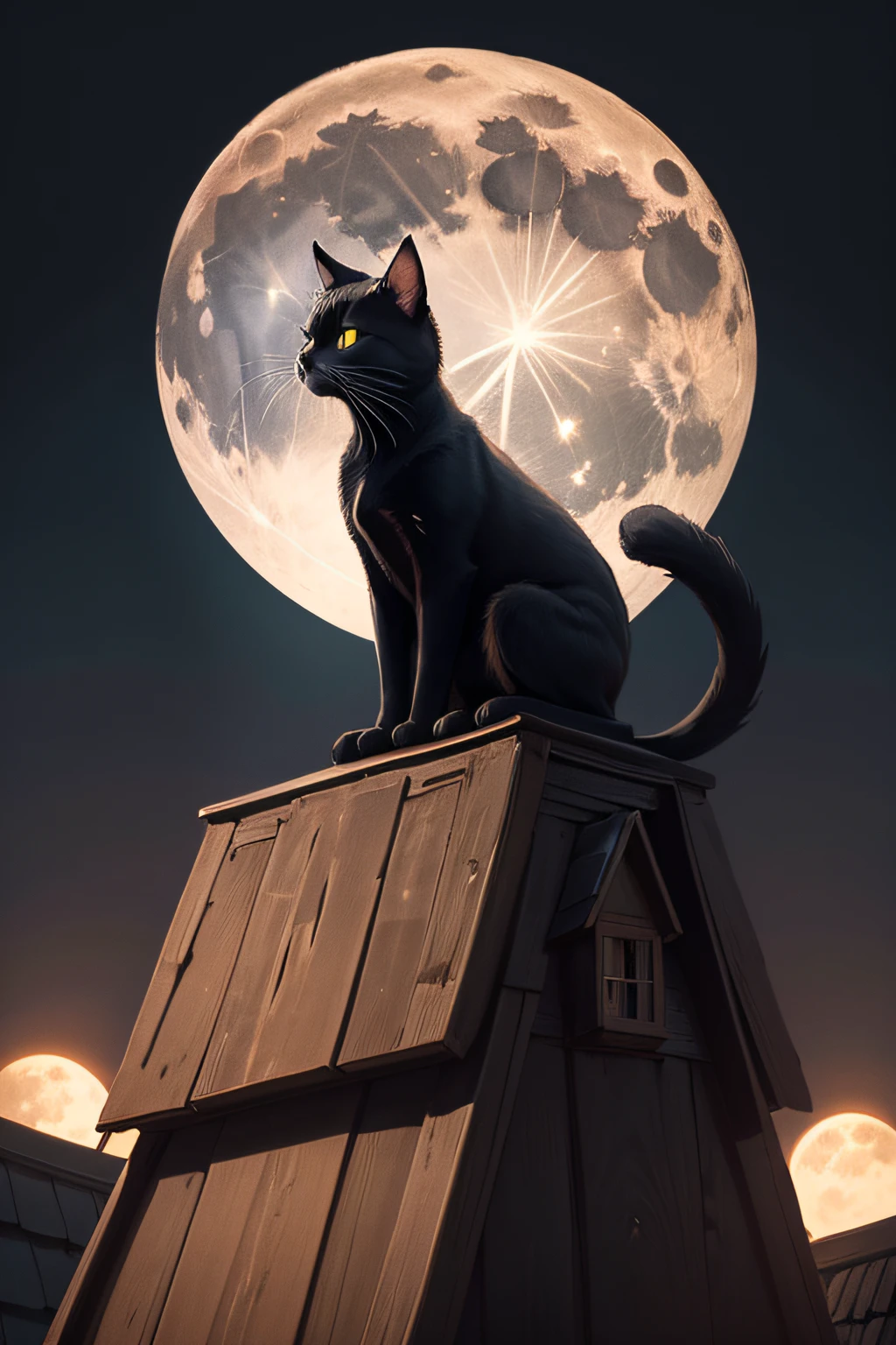 2d drawing of a black cat on top of a roof looking at the full moon where the landscape featured thousands of buildings for a children's story