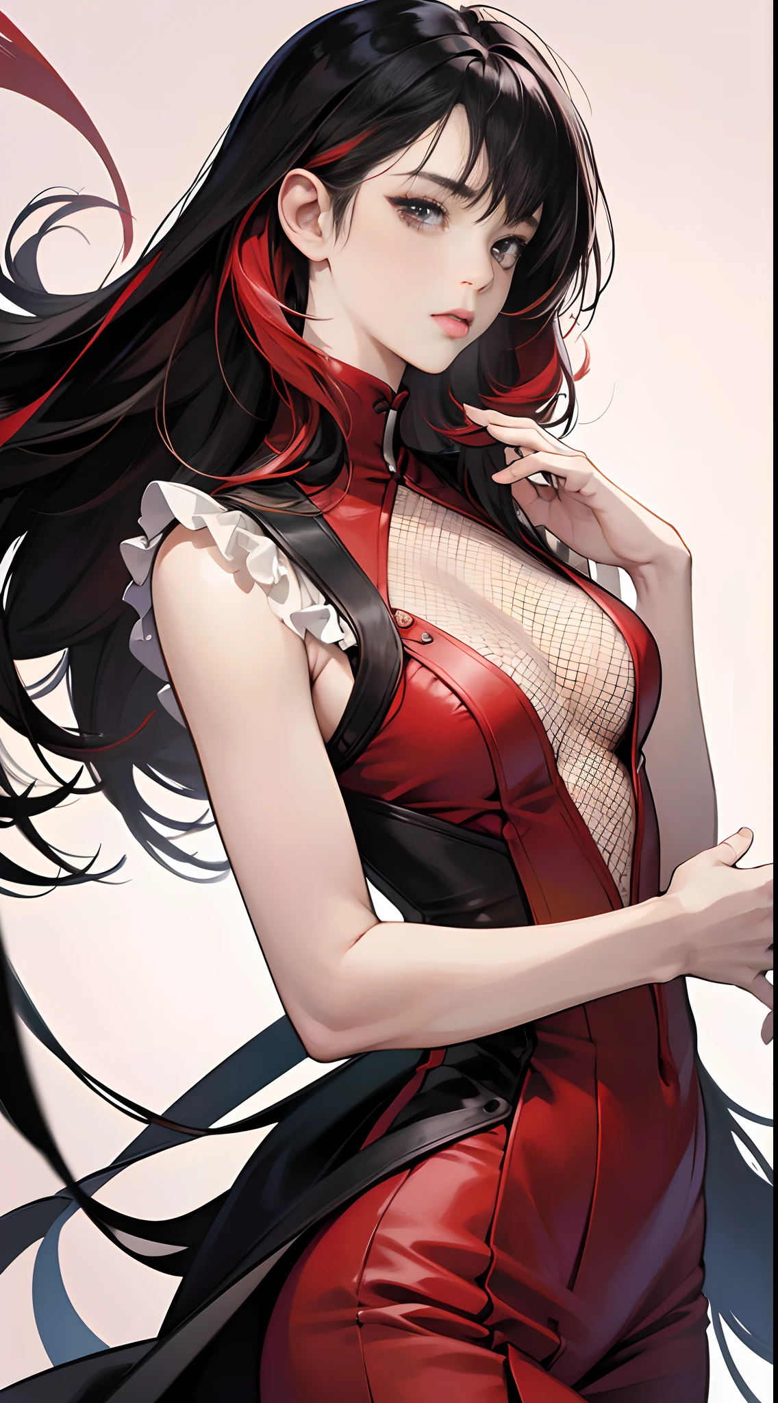 (Best Quality,4K,High resolution), 18yo woman, Red mesh hair on black hair, Long hair, Straight hair, (Best Quality,4K,High resolution), 18yo woman, Red highlights on black hair, Long hair, Straight hair,Facial expression enhancement,Delicate illustrations drawn in detail,Realistic portrayal,Vibrant colors,expresive,Classic background(Best Quality,4K,High resolution),Hug me,comic strip,animesque,Comical illustration,busy,Deformed cute illustration