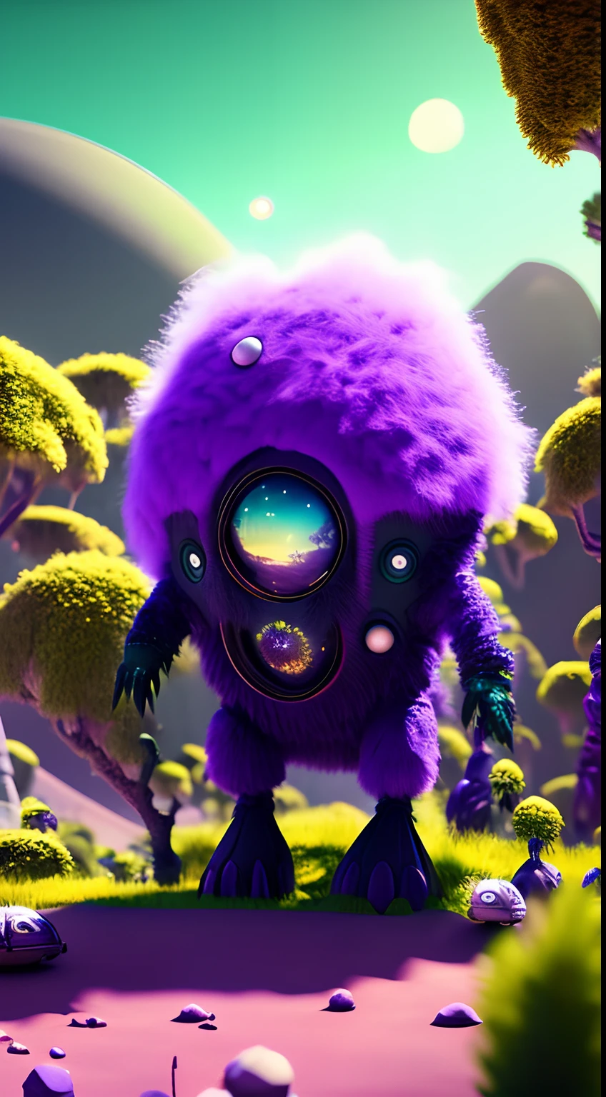 Alien worlds with vivid plants, Strange creatures, Astronaut expedition from Earth, realisitic, films, 8K.
A pale purple fluffy furry animal waddling through the forest of a fantastical alien planet.