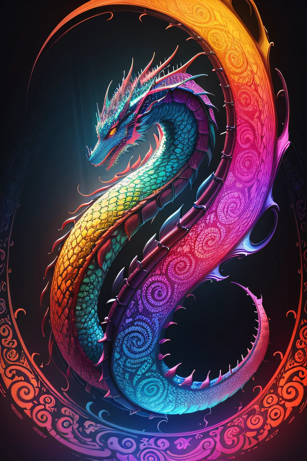 A realistic drawing of a psychedelic dragon with a spiral of magnificent and captivating colors