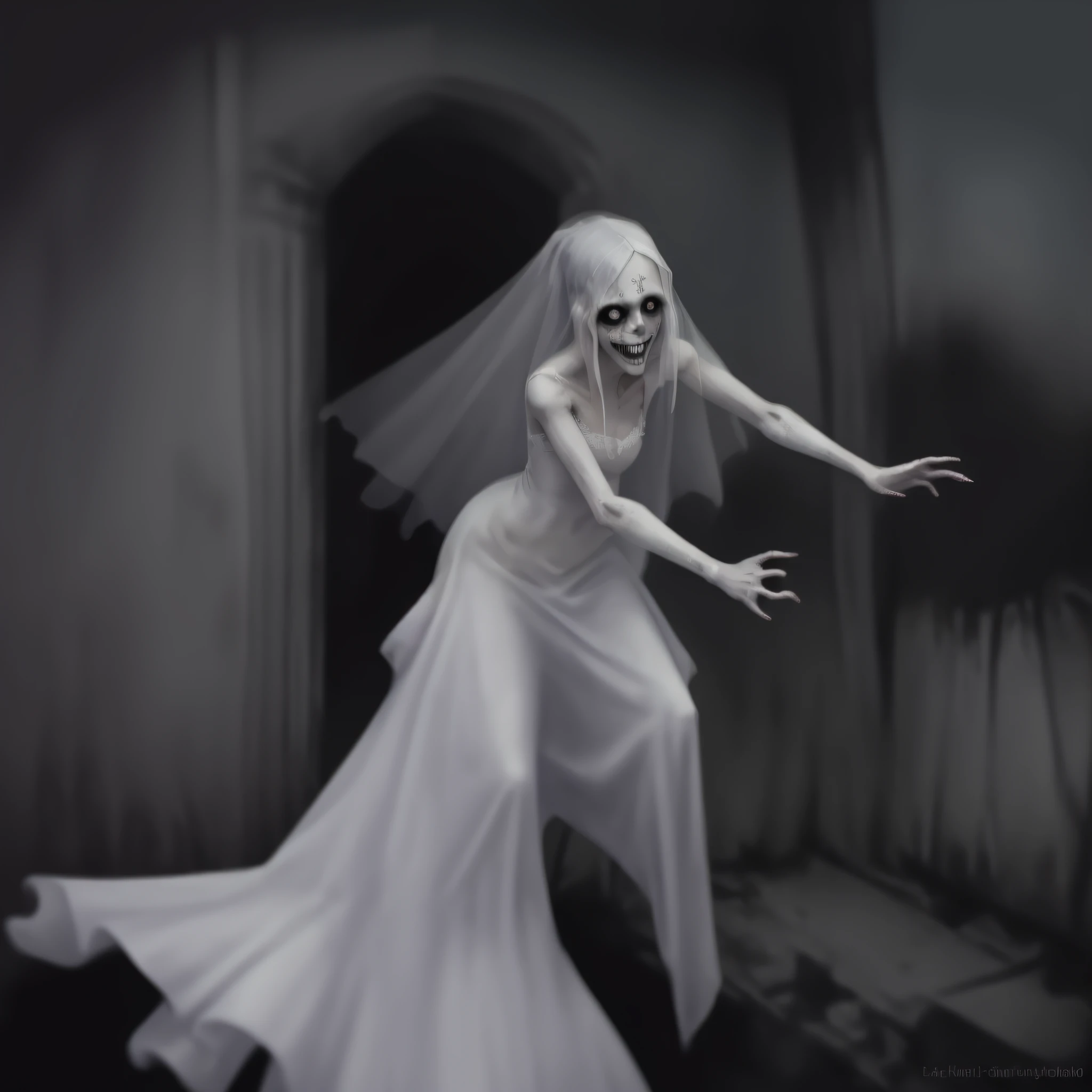 ghost of la llorona coming up the viewer, action shot, no watermark, wearing white wedding dress, eerie person, scary portrait, nightmare digital art, haunting face, scary picture, scary art, horror concept art, zombie with white eyes, spiritual eerie creepy picture, creepy art, scary face, very scary photo, digital horror artwork, scary creature, horrifying grin. horror, horror face