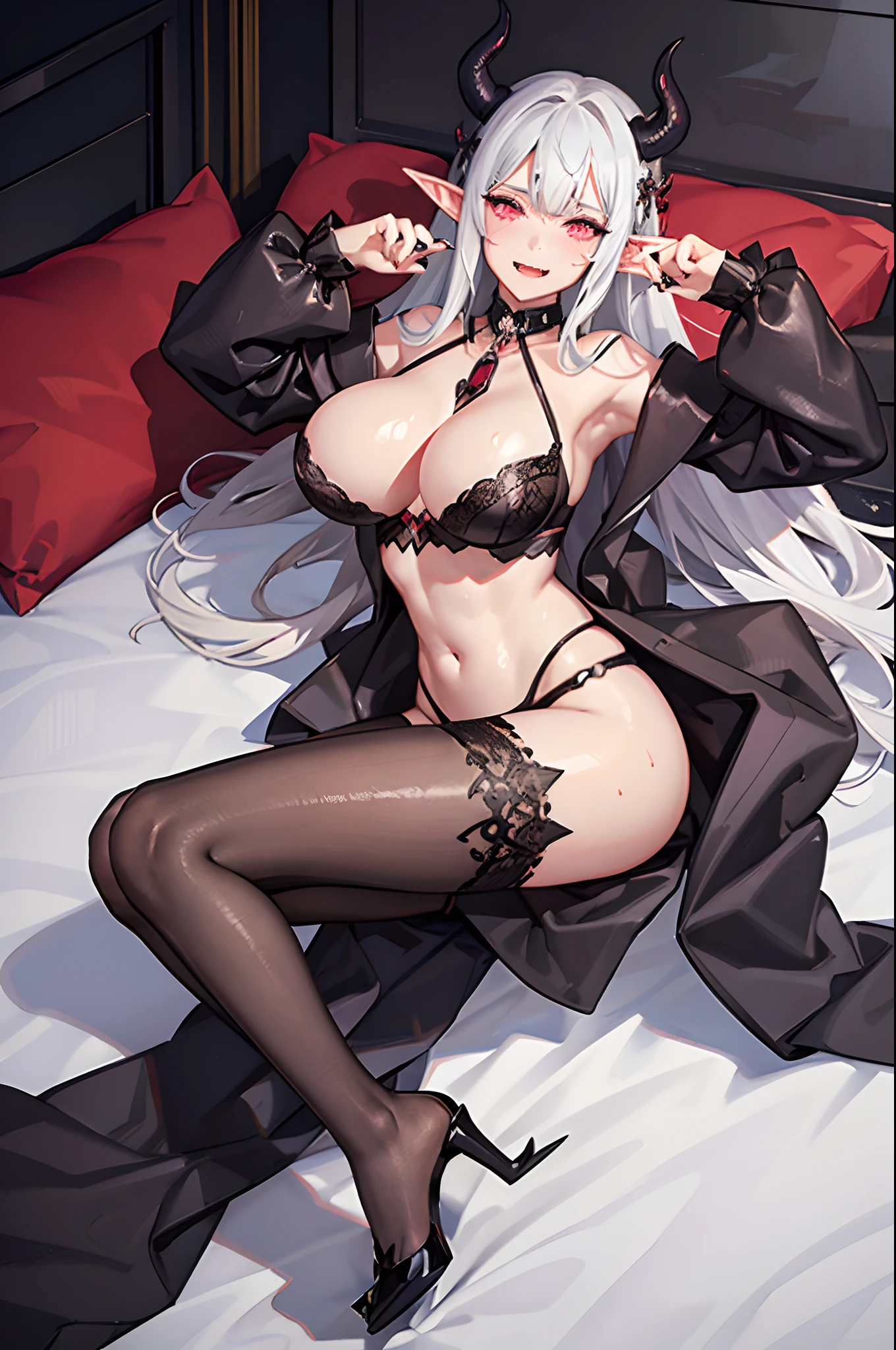 Two seductive succubus, sweating, accented with long elf ears, fangs, sharp nails and demonic wings, beautiful heart shape pupils, demonic horns on head, dragon tail on buttocks, anthropomorphic dragon legs with scales, five dragon fingers with claws, two beautiful dragon wings spread on the back, prostitute demon, slave collar on the neck, slave lascivious belly tattoo, blush, shy face, parted mouth, heavy lustful breathing, steam from mouth, protruding areolas, huge breasts, wide waist, huge wide thick hips, wet cleavage, lace bra, abs, fit, slim, sweat, juice, long legs, long torso, hands gabbing breasts, saliva on body, wet and shiny, laying on bed, wet skin, 2girls. Additionally, there's a 100% chance a lot of thick white cum being present on her body.