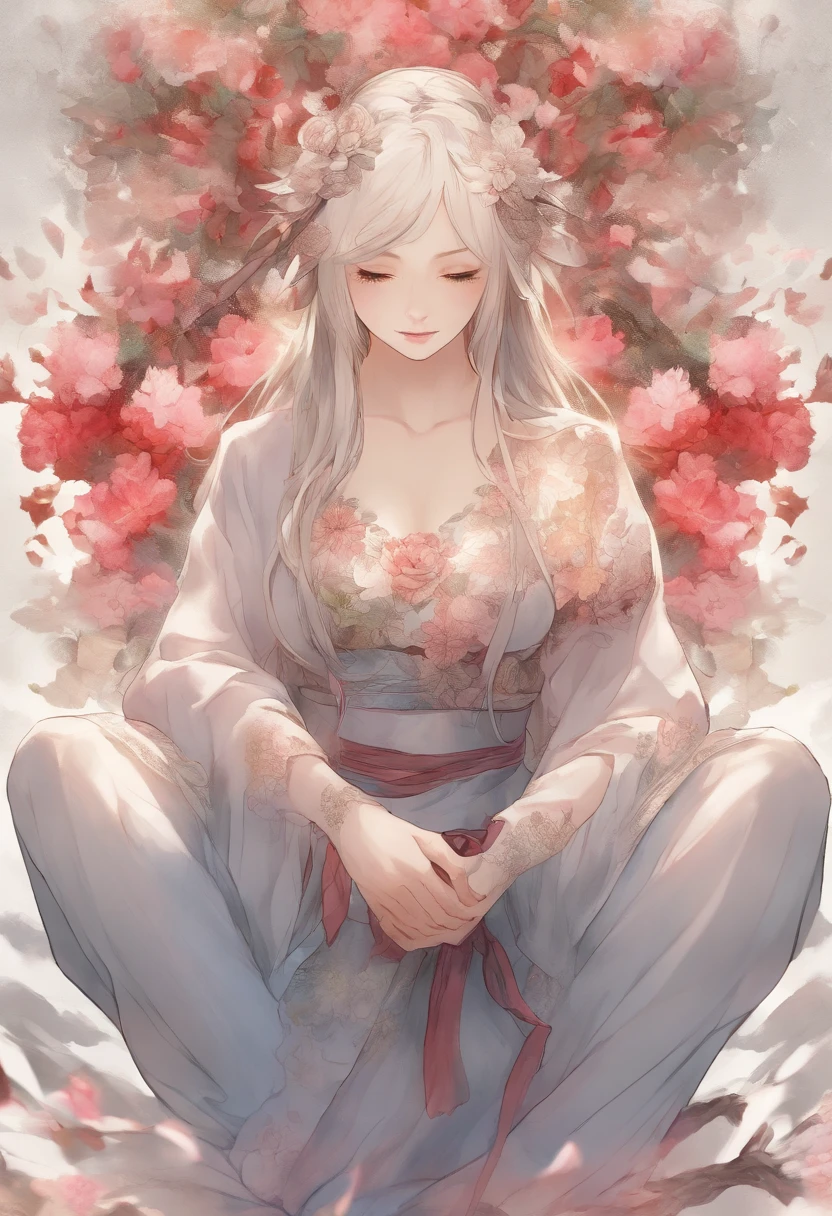 Field with beautiful flowers (close-up cleavage), meditate, Zazen, A meditative (Chinese landscape painting), (ink and watercolor painting), (8k wallpaper), (Light and Shadow Effect), rendering by octane, White balance design, Extremely detailed image representation, Wide angles, depth of fields, masterpiece, realistic, beautifully portrayed, a detailed, accurate, Masterpieces, masterpiece”