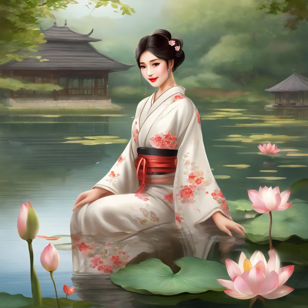 #image a cottage and fish pond with lotus, speaceful atmosphere,clear reflections,tranquil environment,a beautiful girl in traditional Japanese kimono (long sleeves and flowing dress) sitting by the pond,lotus flowers in bloom,beautiful detailed eyes,subtle smile,calm and serene expression,detailed brushwork capturing the intricate patterns of the kimono and the girl's features,water ripples in the pond,delicate shadows and highlights on the cottage,bridge over the pond,path leading to the cottage,traditional lanterns illuminating the surroundings,lush greenery and colorful foliage in the background,subtle mist in the air,creating a dreamy and mystical ambiance.