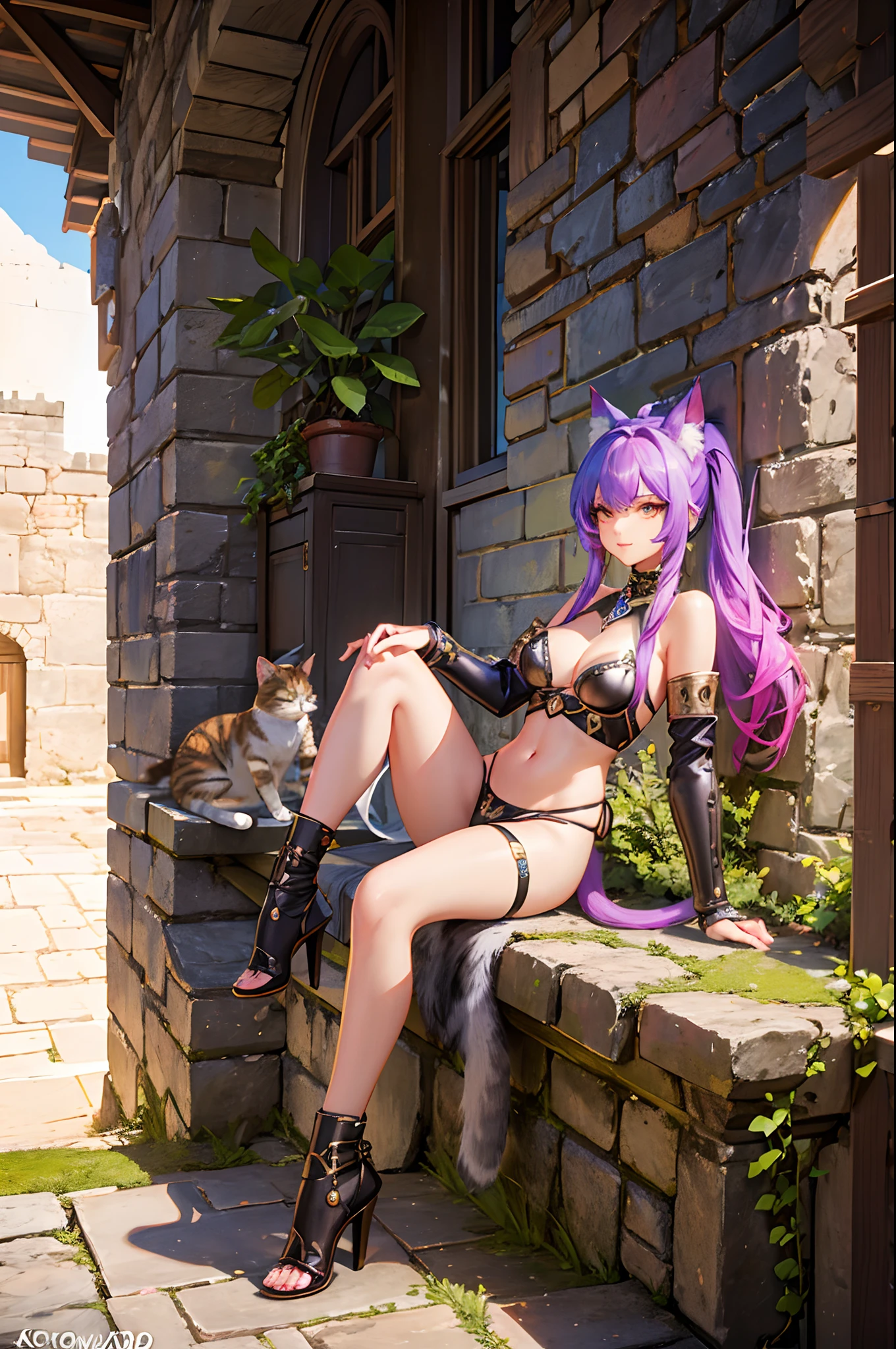 Furry cat girl with a ponytail, (cat-like tail), seductively exploring a medieval fantasy castle, revealing a highly detailed face and captivating eyes, dressed in provocative micro armor, visible navel, surrounded by vibrant and colorful scenery, rendered in stunning 4k quality.