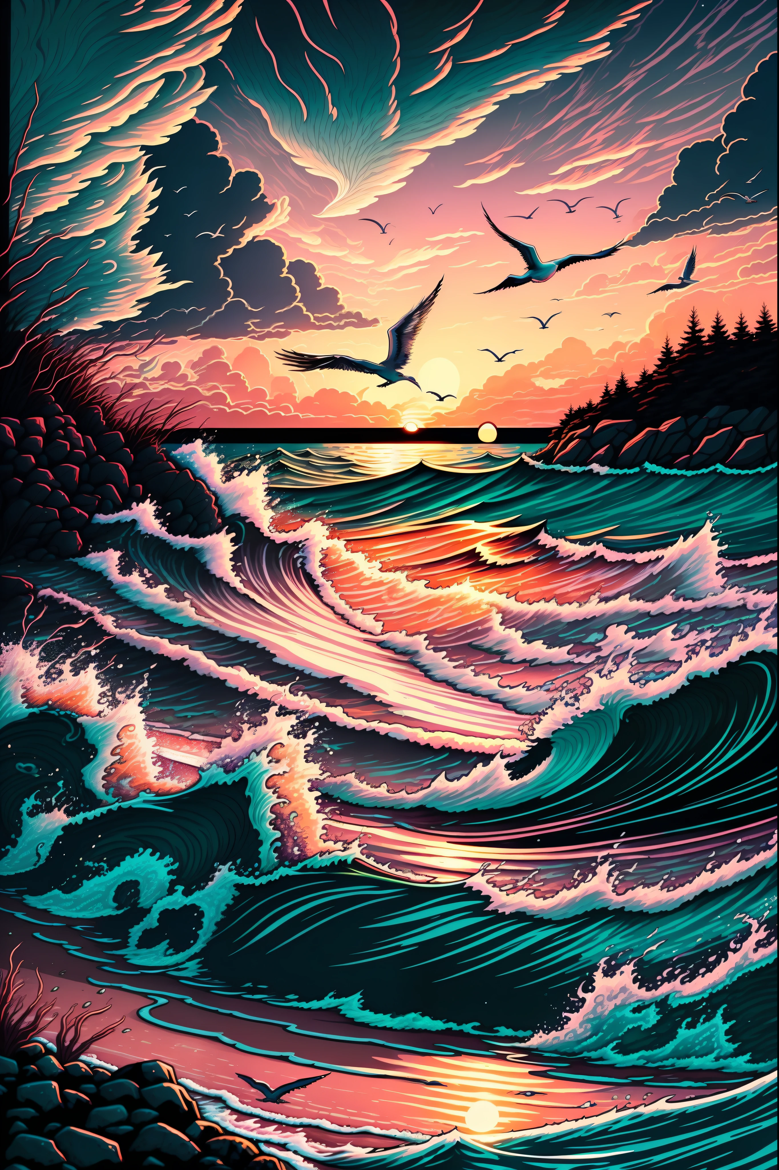 Create an exquisite coastal sunset scene with a serene beach, waves gently lapping the shore, and a vibrant sky painted in shades of orange, pink, and purple. Ensure it's of the highest quality, whether 4k, 8k, or even reaching masterpiece-level clarity at 1.2. Infuse an incredible level of detail, striving for photorealistic precision at a scale of 1.37. Utilize warm and soothing colors, and employ dramatic lighting to enhance the coastal ambiance. Capture the essence of tranquility with the sound of ocean waves instead of crackling flames, and replace the forest with a sandy shoreline. Include seagulls in the background for a peaceful seaside atmosphere.