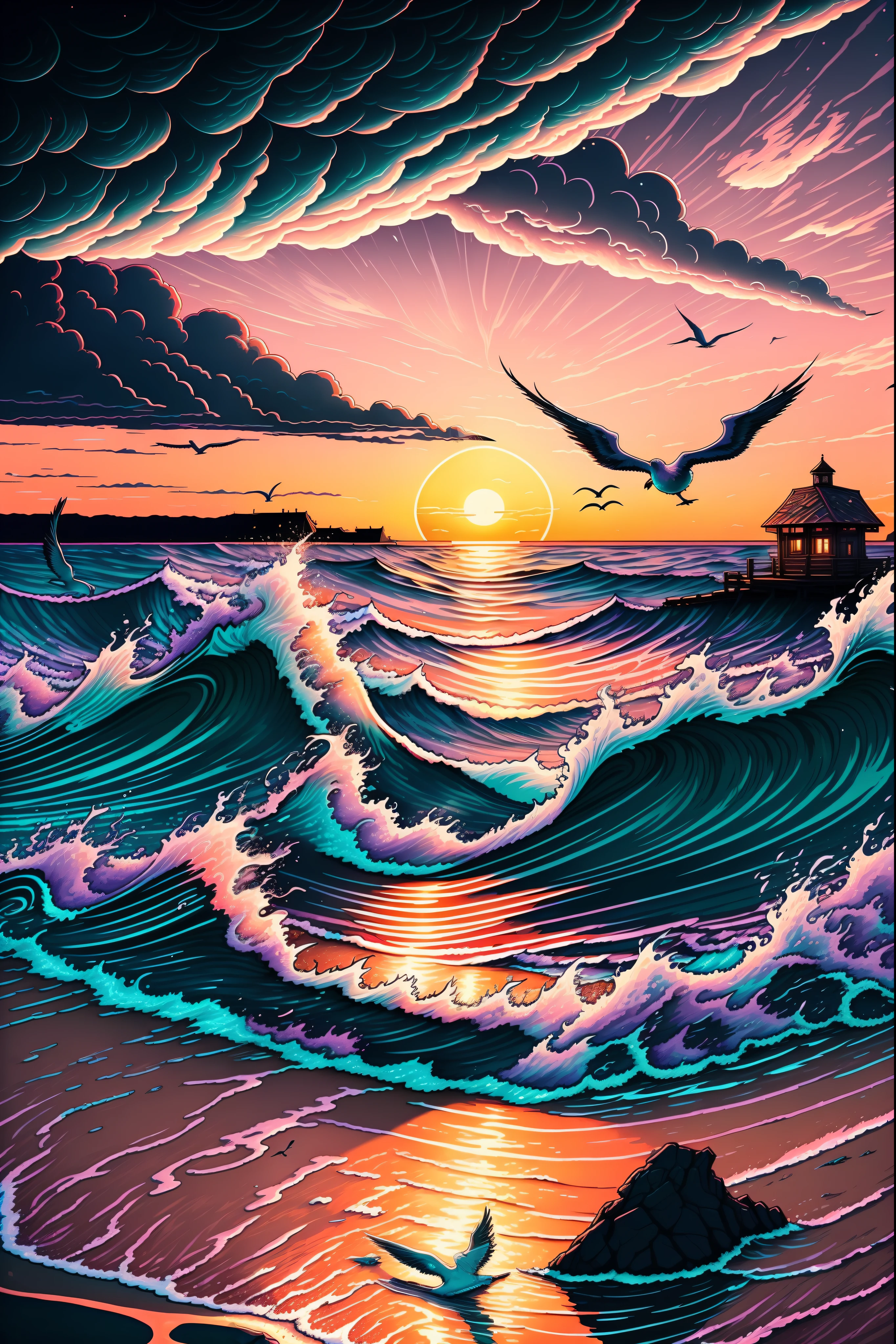 Create an exquisite coastal sunset scene with a serene beach, waves gently lapping the shore, and a vibrant sky painted in shades of orange, pink, and purple. Ensure it's of the highest quality, whether 4k, 8k, or even reaching masterpiece-level clarity at 1.2. Infuse an incredible level of detail, striving for photorealistic precision at a scale of 1.37. Utilize warm and soothing colors, and employ dramatic lighting to enhance the coastal ambiance. Capture the essence of tranquility with the sound of ocean waves instead of crackling flames, and replace the forest with a sandy shoreline. Include seagulls in the background for a peaceful seaside atmosphere.