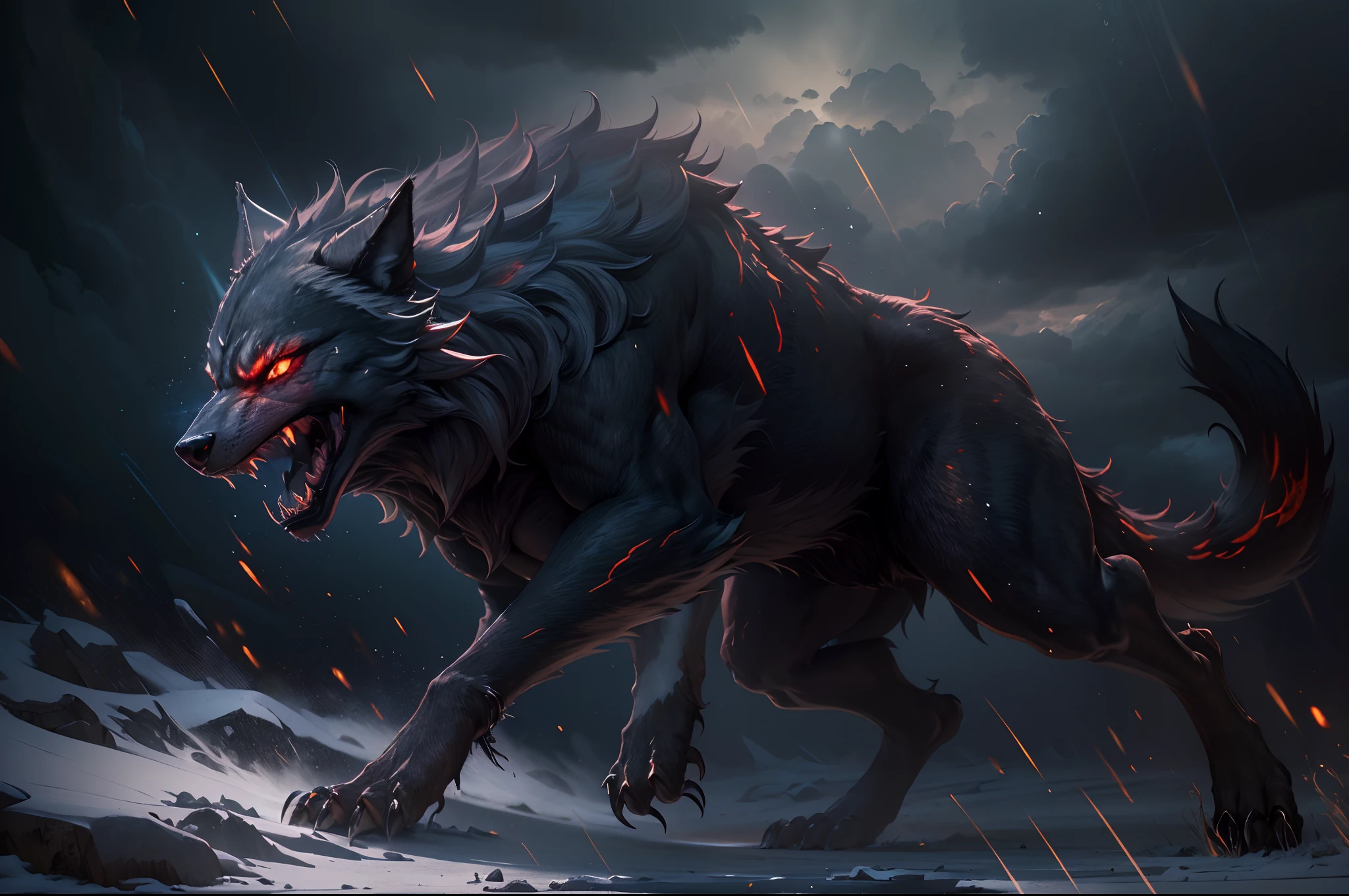 (a menacing and fierce portrayal of Fenrir),(best quality,highres,photorealistic:1.37),full body shot, shadow and light interplay,dark and gloomy atmosphere,intricate details of fur and scales,sharp fangs and claws,ominous red eyes,imposing and colossal size,ominous aura radiating around Fenrir,mythical Norse creature,legendary wolf of destruction