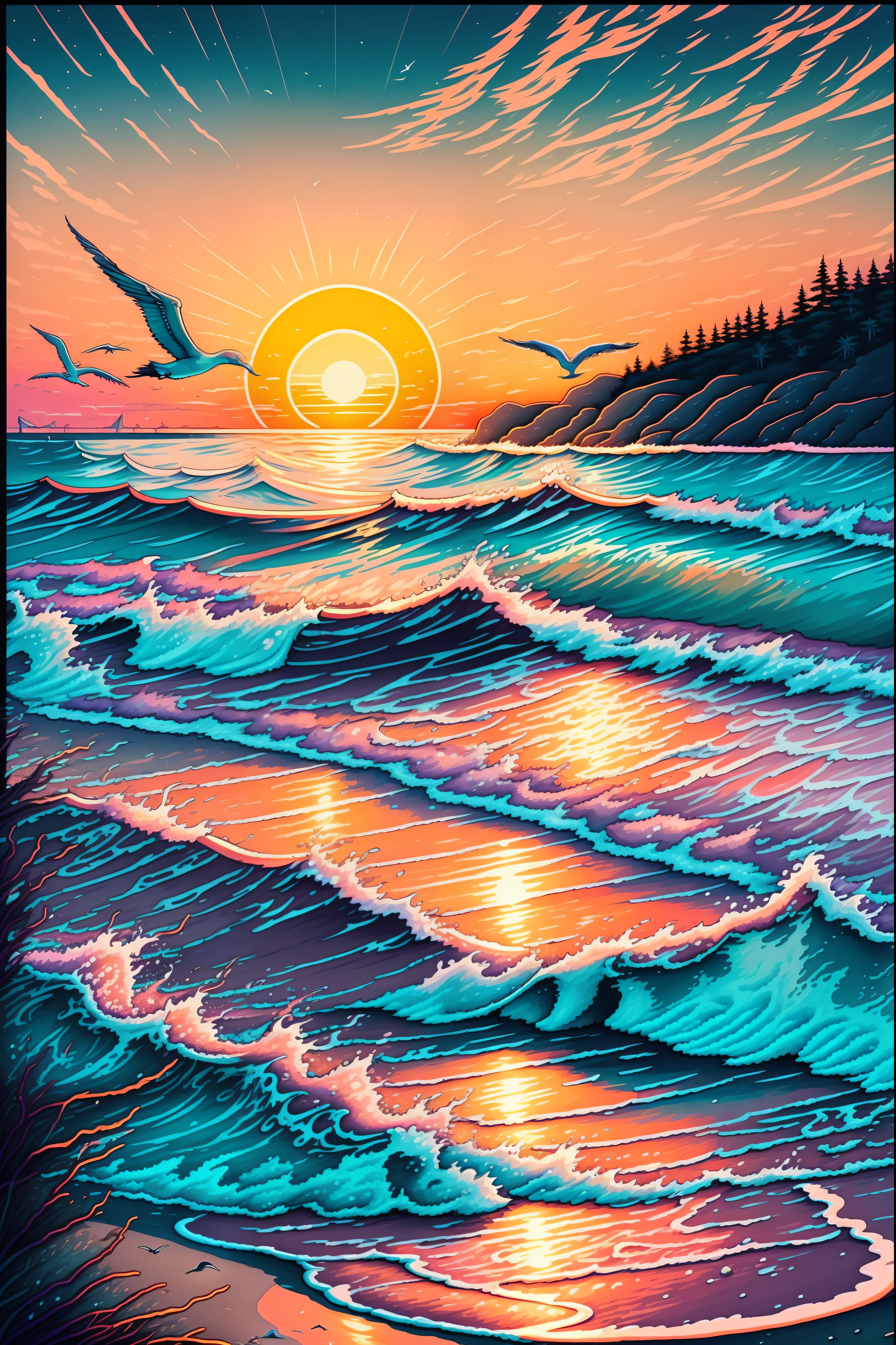 Create an exquisite coastal sunset scene with a serene beach, waves gently lapping the shore, and a vibrant sky painted in shades of orange, pink, and purple. Ensure it's of the highest quality, whether 4k, 8k, or even reaching masterpiece-level clarity at 1.2. Infuse an incredible level of detail, striving for photorealistic precision at a scale of 1.37. Utilize warm and soothing colors, and employ dramatic lighting to enhance the coastal ambiance. Capture the essence of tranquility with the sound of ocean waves instead of crackling flames, and replace the forest with a sandy shoreline. Include seagulls in the background for a peaceful seaside atmosphere.
