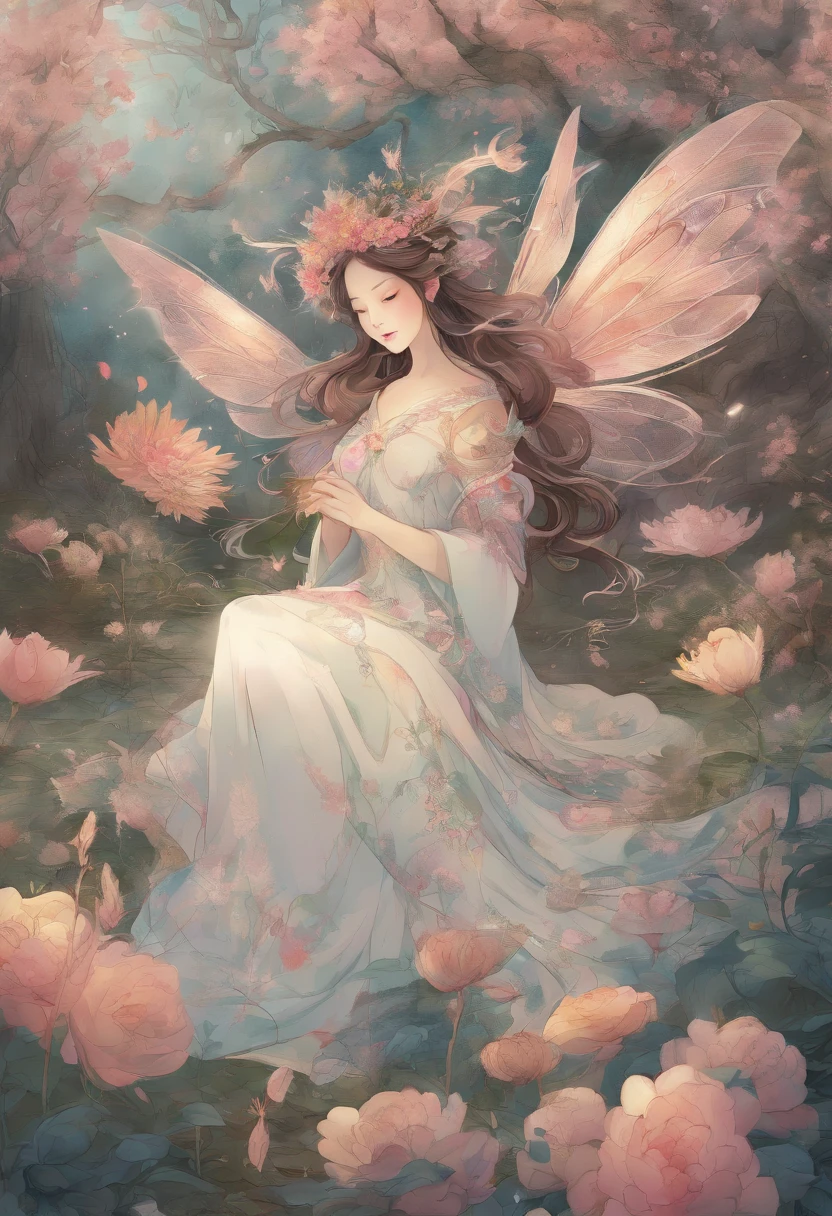 A girl in a garden,paper cutting,delicate flowers,pastel colors,best quality,medium:dreamy,serene,surreal,fantasy,detailed eyes,delicate dress,lush greenery,endless meadow,soft sunlight,magical,peaceful,whimsical,graceful,colorful butterflies,sleeping under the moonlight,moonlit pond,luminous,ethereal,holographic flowers,romantic,dream-like,enchanted,golden vines,serene face,long eyelashes,soft breeze,rays of moonlight,dancing trees,floating lanterns,tranquil,sparkling water,crystal-clear reflection,delicate moon,celestial,mesmerizing,night garden,harmony,nature's beauty,enchanted forest.