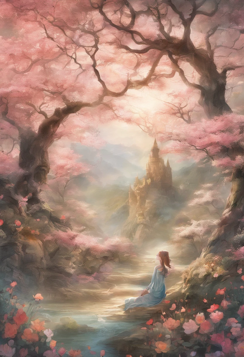 Field with beautiful flowers (close-up cleavage), meditate, Zazen, A meditative (Chinese landscape painting), (ink and watercolor painting), (8k wallpaper), (Light and Shadow Effect), rendering by octane, White balance design, Extremely detailed image representation, Wide angles, depth of fields, masterpiece, realistic, beautifully portrayed, a detailed, accurate, Masterpieces, masterpiece”