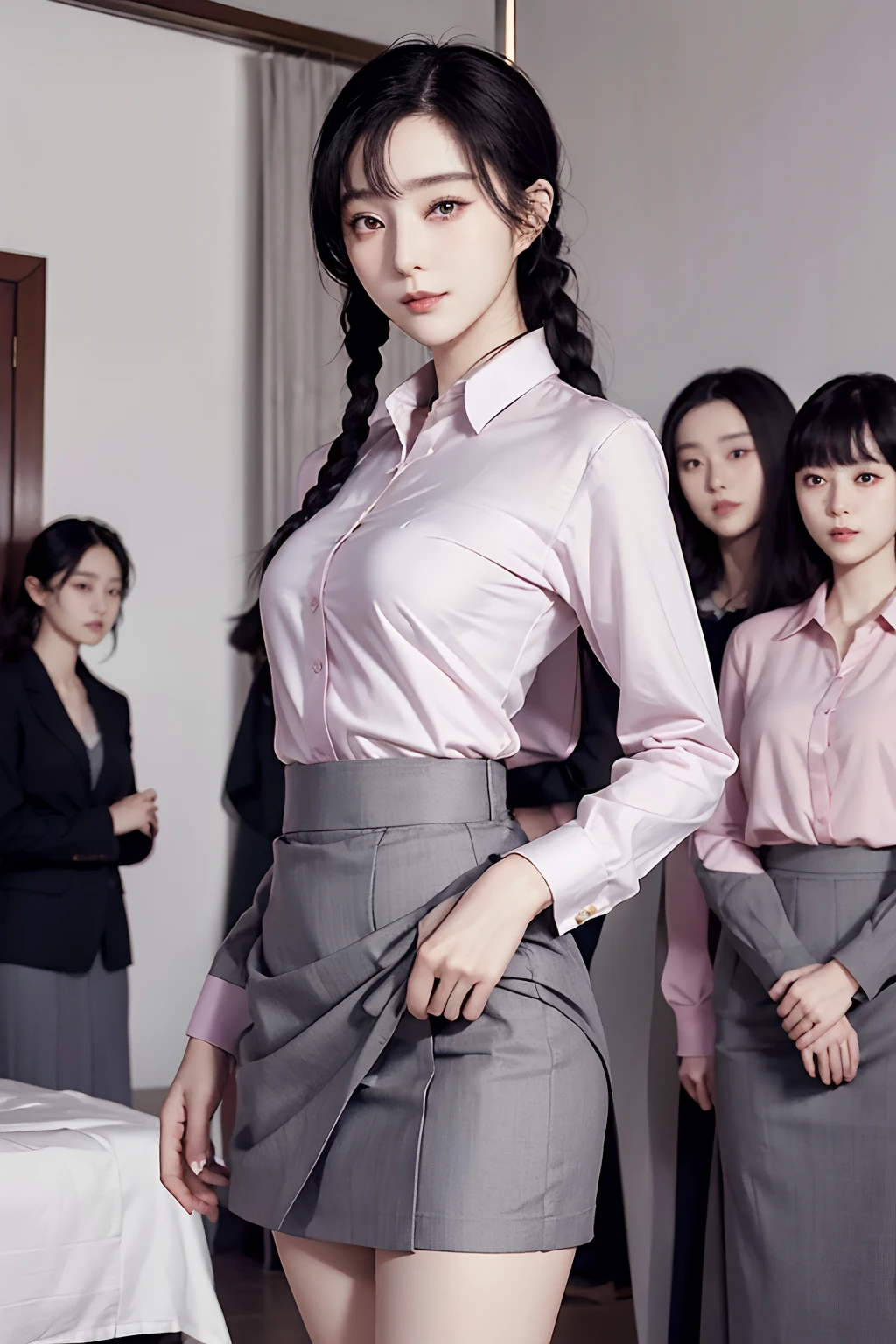 masutepiece, Best Quality, bob cuts、Five girls in the classroom,(5 people standing:1.2),Standing,20s, Looking at Viewer,l Group shot, harems,nffsw,Underwear,(pantiy),Realistic,OL pose,(Gray suit and pink shirt) ,(Gray tight skirt),(Looking back, ass grab:0.9),(Beautiful eyes:1.3),frombelow,From below,Kinney,(skinny:1.2) ,thick-eyed thighs, Long body, novel illustration,(Smelly eyes:0.5),closed curtains,(shirts lift,lifted by self:1.5) ,Dark Persona.Skirt lift front,(Panties:1.3),