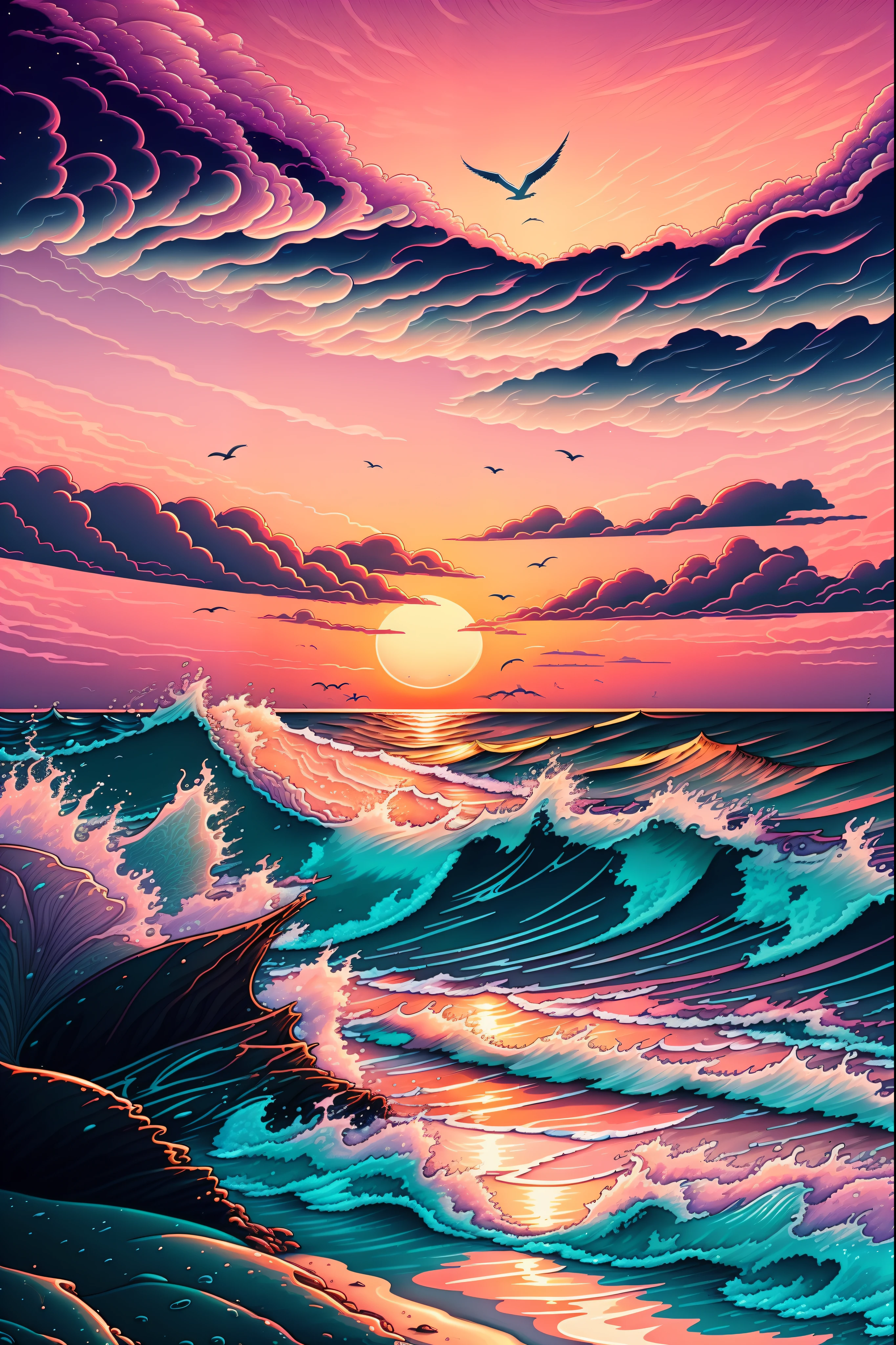 Create an exquisite coastal sunset scene with a serene beach, waves gently lapping the shore, and a vibrant sky painted in shades of orange, pink, and purple. Ensure it's of the highest quality, whether 4k, 8k, or even reaching masterpiece-level clarity at 1.2. Infuse an incredible level of detail, striving for photorealistic precision at a scale of 1.37. Utilize warm and soothing colors, and employ dramatic lighting to enhance the coastal ambiance. Capture the essence of tranquility with the sound of ocean waves instead of crackling flames, and replace the forest with a sandy shoreline. Include seagulls in the background for a peaceful seaside atmosphere.
