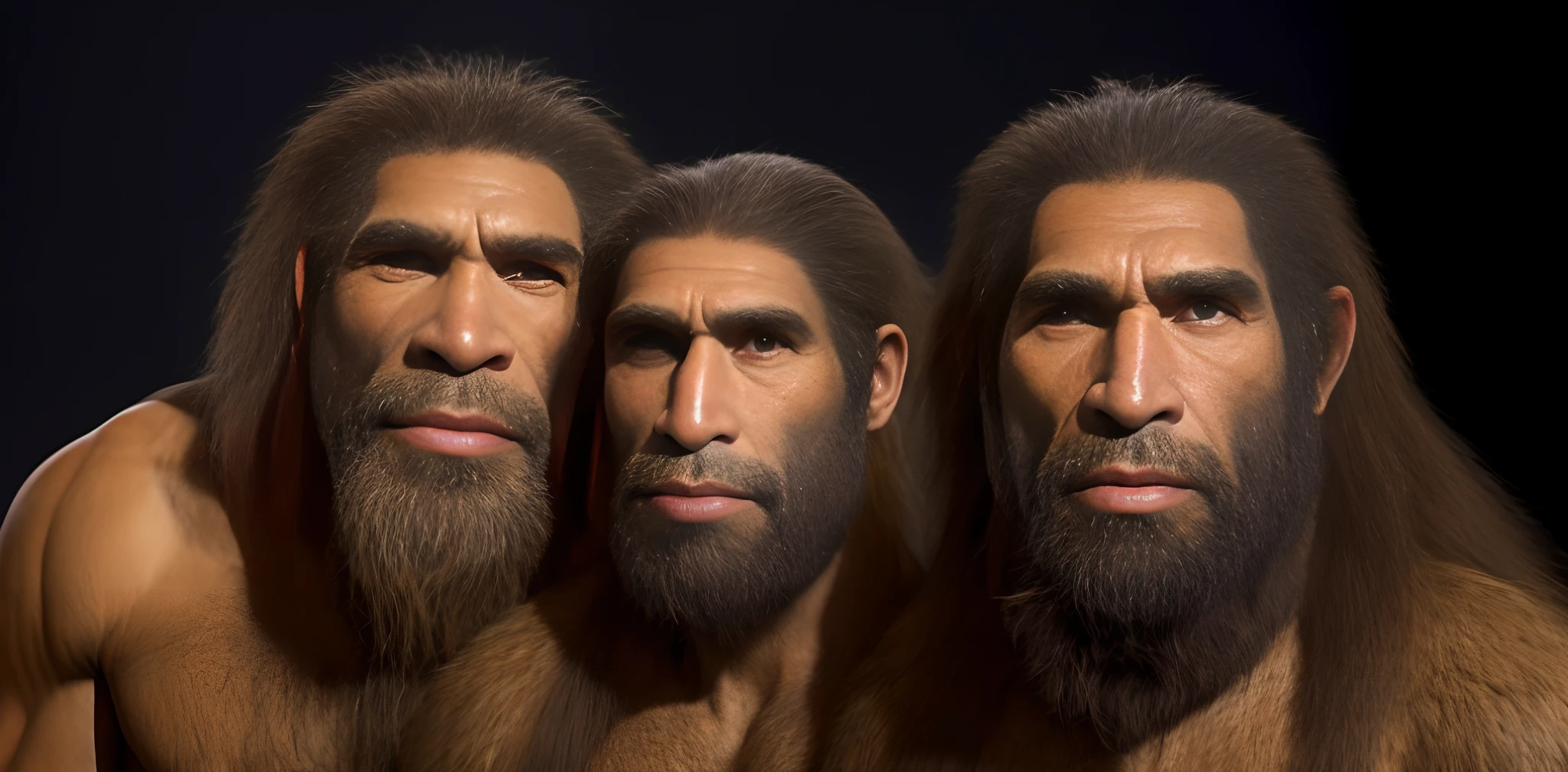 ultra realista, Three neanders, Three hairy Neanderthal people, pre - historic cave man family, Povo neandertal, three hairy fat cave people, Pessoas neandertais, prehistory, pre - historic, evolution of man, human evolution, with nothing in hand, fundo o paraiso do edem