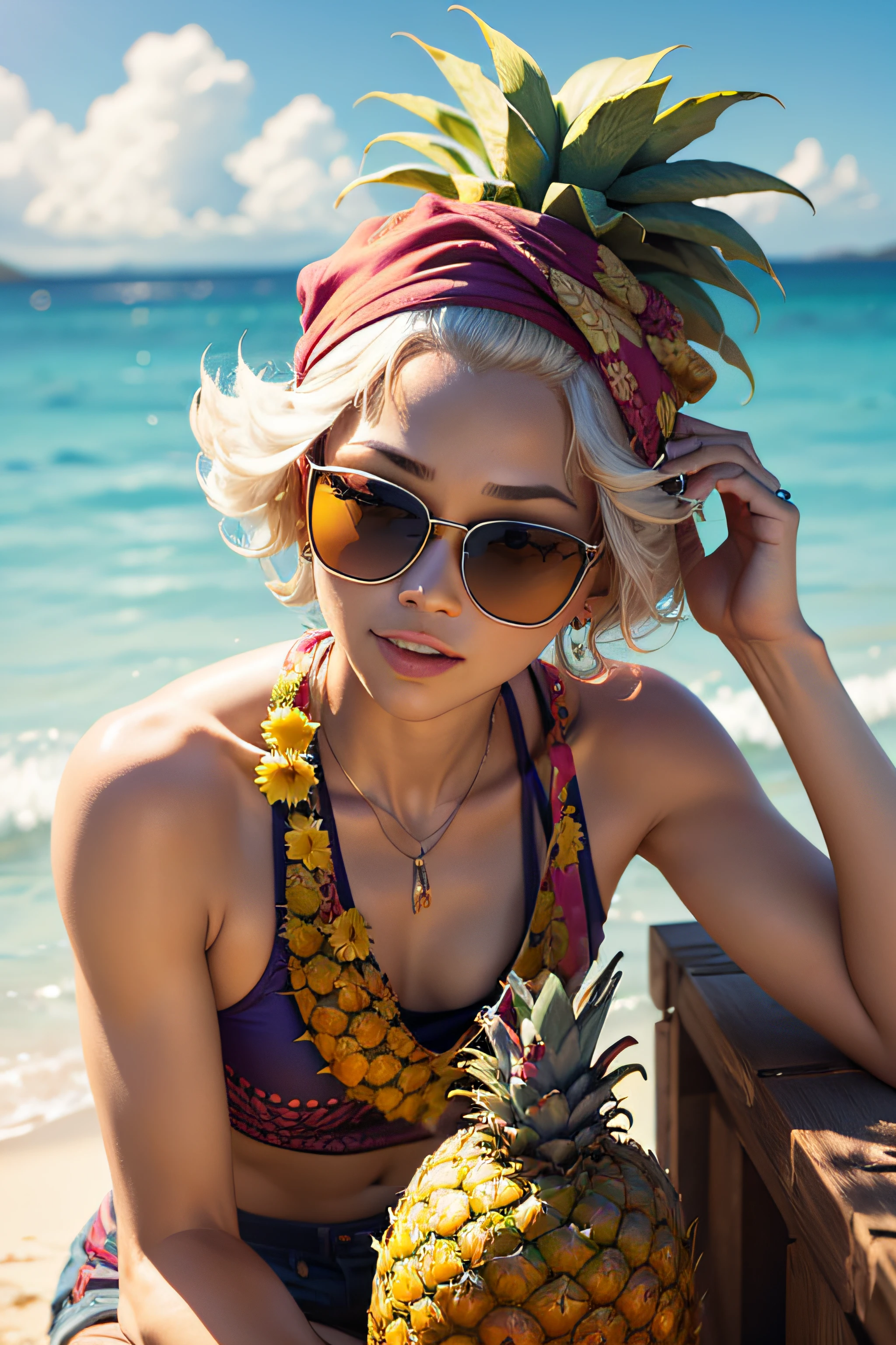 Funky fun pinapple fruit with sunglasses. The top leaves of pinapple looks like spiky hair, bandana