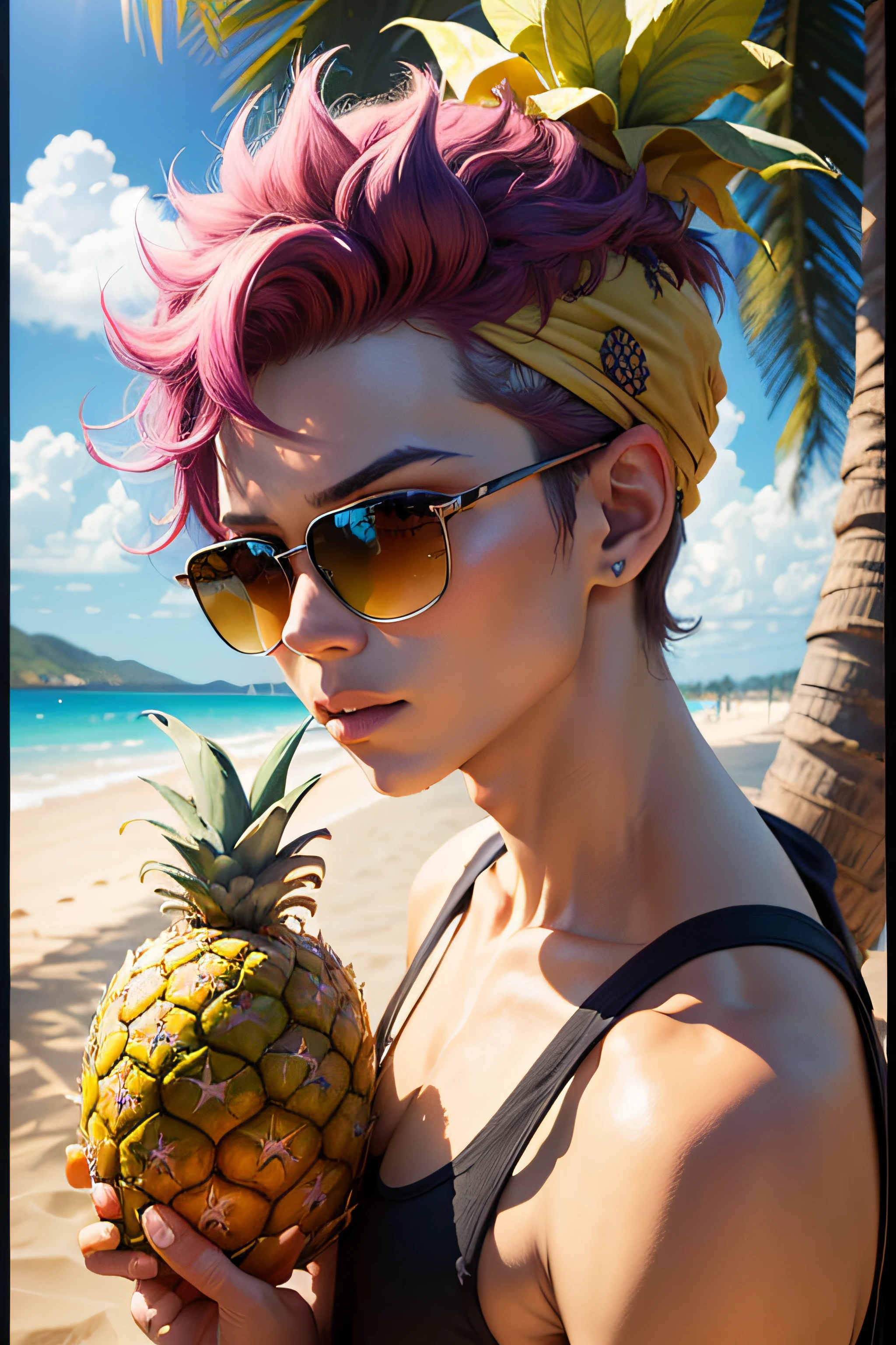 Funky fun pinapple fruit with sunglasses. The top leaves of pinapple looks like spiky hair, bandana