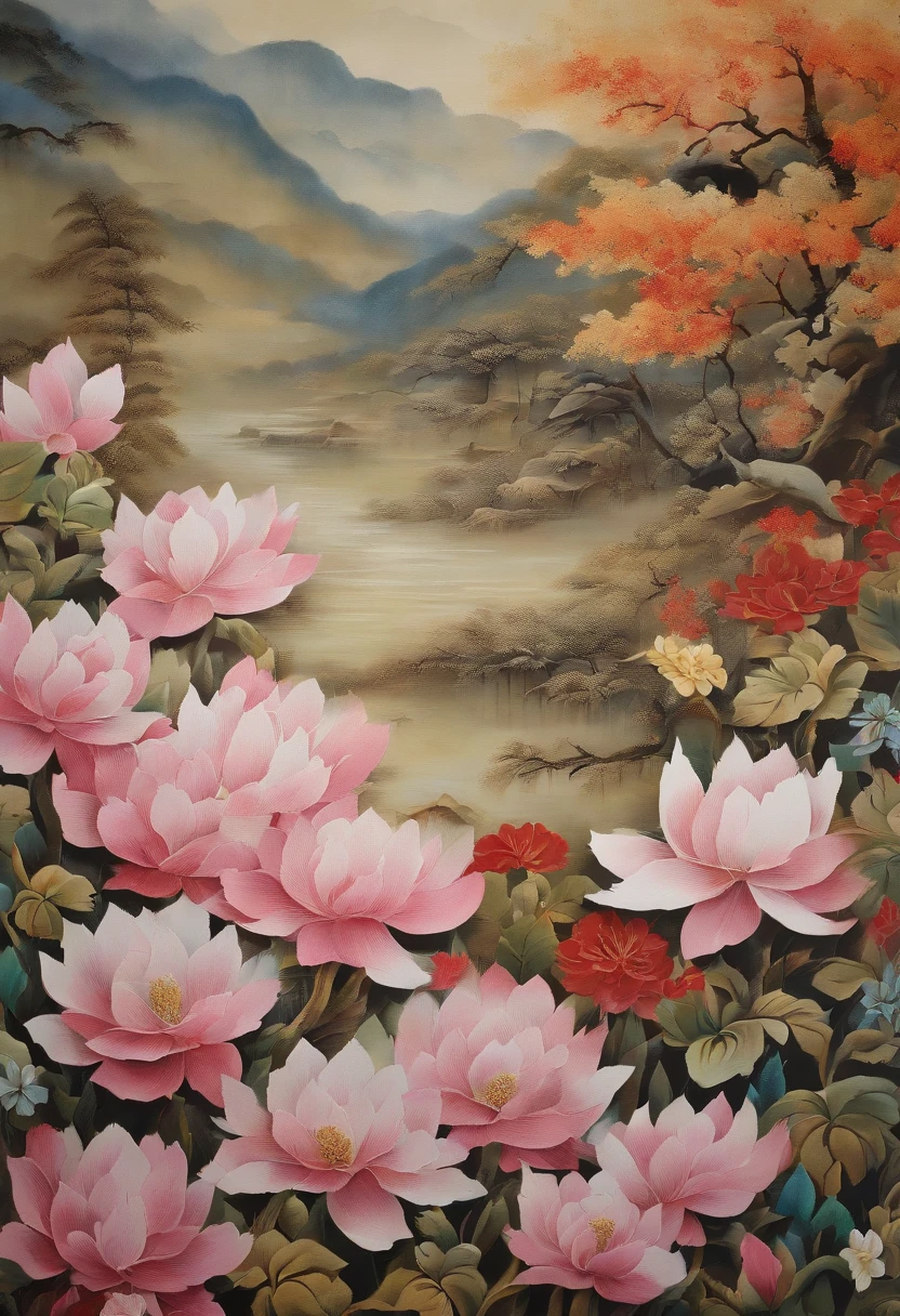 Field with beautiful flowers (close-up cleavage), meditate, Zazen, A meditative (Chinese landscape painting), (ink and watercolor painting), (8k wallpaper), (Light and Shadow Effect), rendering by octane, White balance design, Extremely detailed image representation, Wide angles, depth of fields, masterpiece, realistic, beautifully portrayed, a detailed, accurate, Masterpieces, masterpiece”