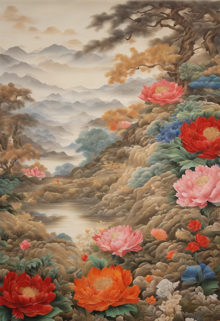 Field with beautiful flowers (close-up cleavage), meditate, Zazen, A meditative (Chinese landscape painting), (ink and watercolor painting), (8k wallpaper), (Light and Shadow Effect), rendering by octane, White balance design, Extremely detailed image representation, Wide angles, depth of fields, masterpiece, realistic, beautifully portrayed, a detailed, accurate, Masterpieces, masterpiece”