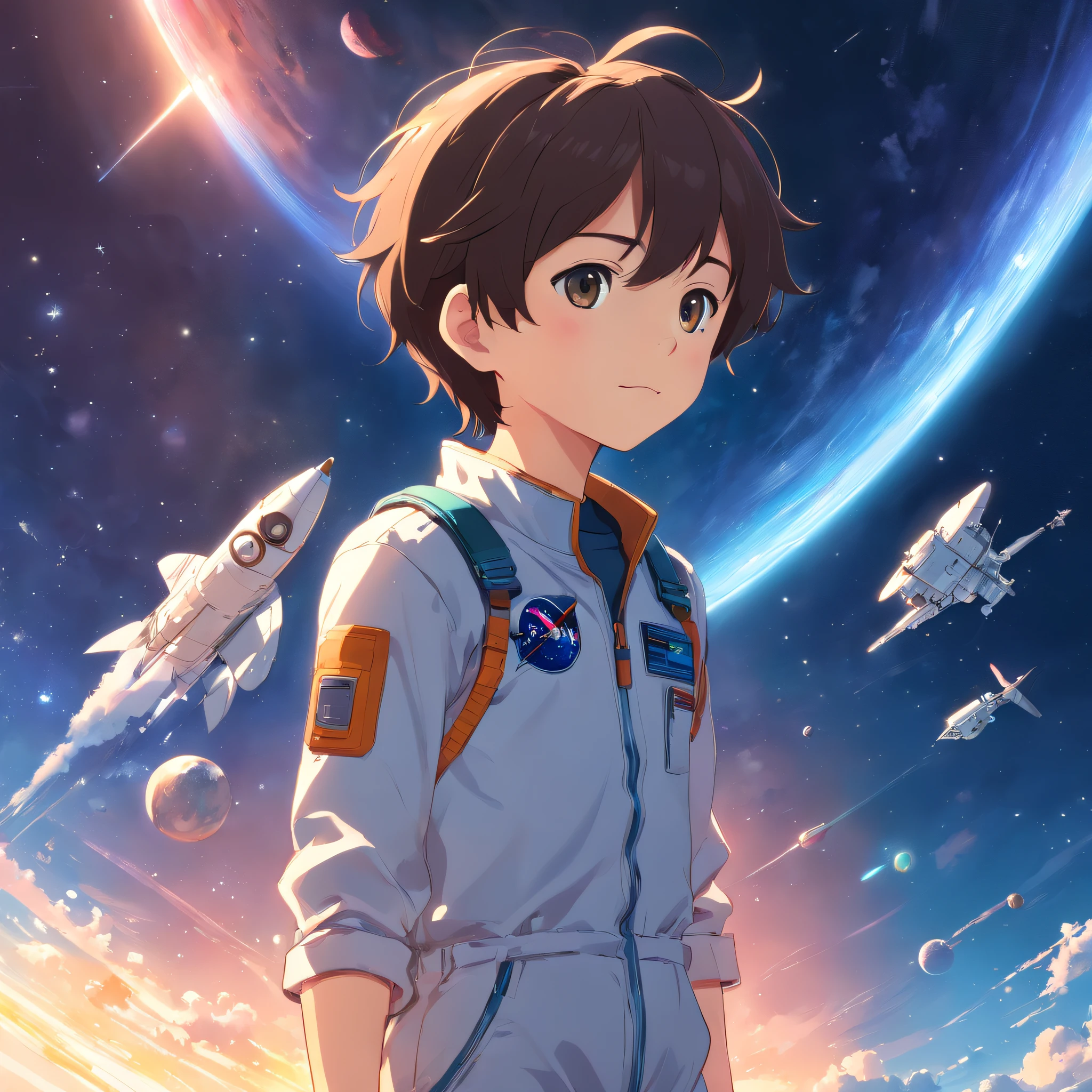 Pequeno menino astronauta, realista, alta qualidade, imagem detalhada, 4k, corpo inteiro