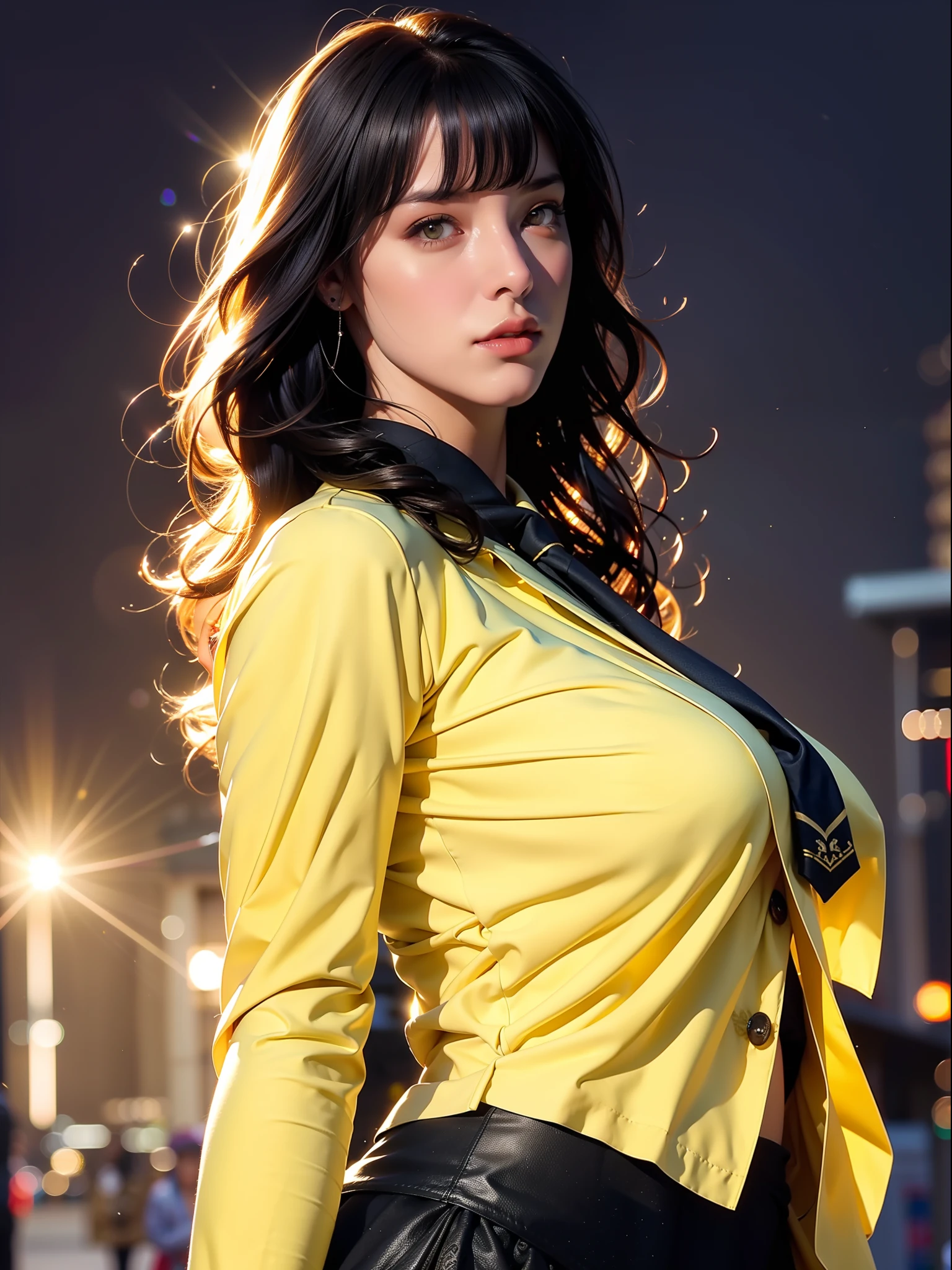 1girl, intricate detail, masterpiece, best quality, extremly detailed,cinematic lighting, beautiful detailed glow, finely detailed beautiful face and eyes, 8k, dark intense shadows, yellow eyes, medium hair, black hair, bangs, floating hair, black jacket, open jacket, white shirt, expressionless, yellow necktie, black skirt, spotlight, sunshine, sunrise, gradient sky, city, lens flare, cowboy shot, [[curvy]], [mature female]