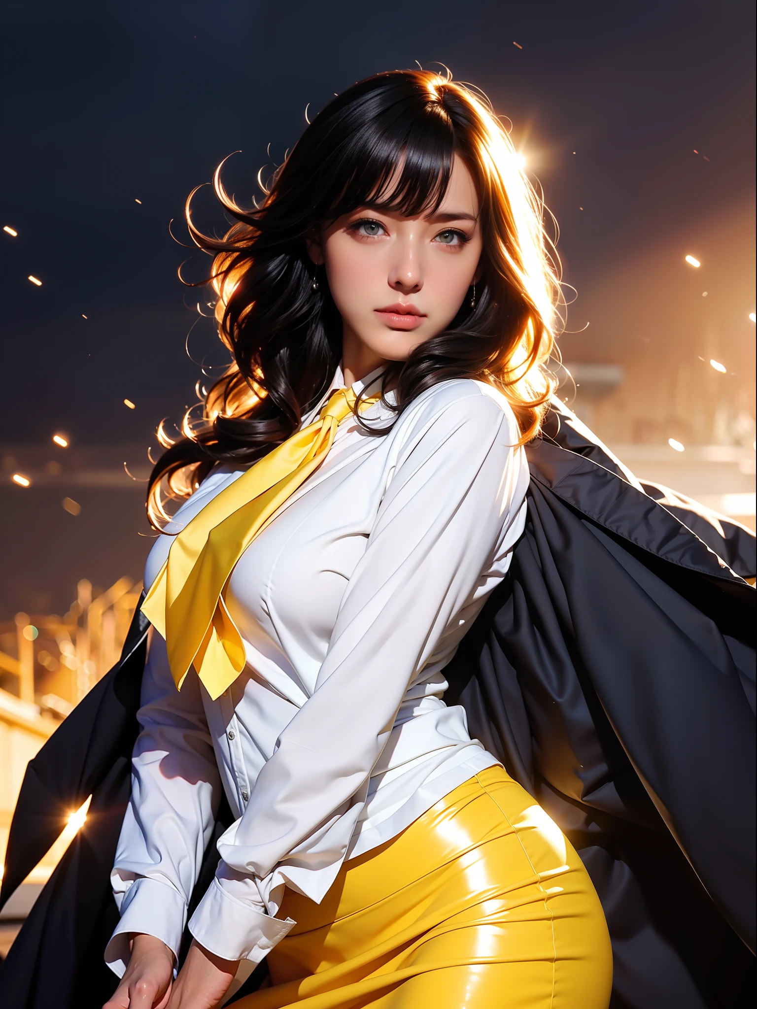 ((nsfw)),1girl, intricate detail, masterpiece, best quality, extremly detailed,cinematic lighting, beautiful detailed glow, finely detailed beautiful face and eyes, 8k, dark intense shadows, yellow eyes, medium hair, black hair, bangs, floating hair, black jacket, open jacket, white shirt, expressionless, yellow necktie, black skirt, spotlight, sunshine, sunrise, gradient sky, city, lens flare, cowboy shot, [[curvy]], [mature female]