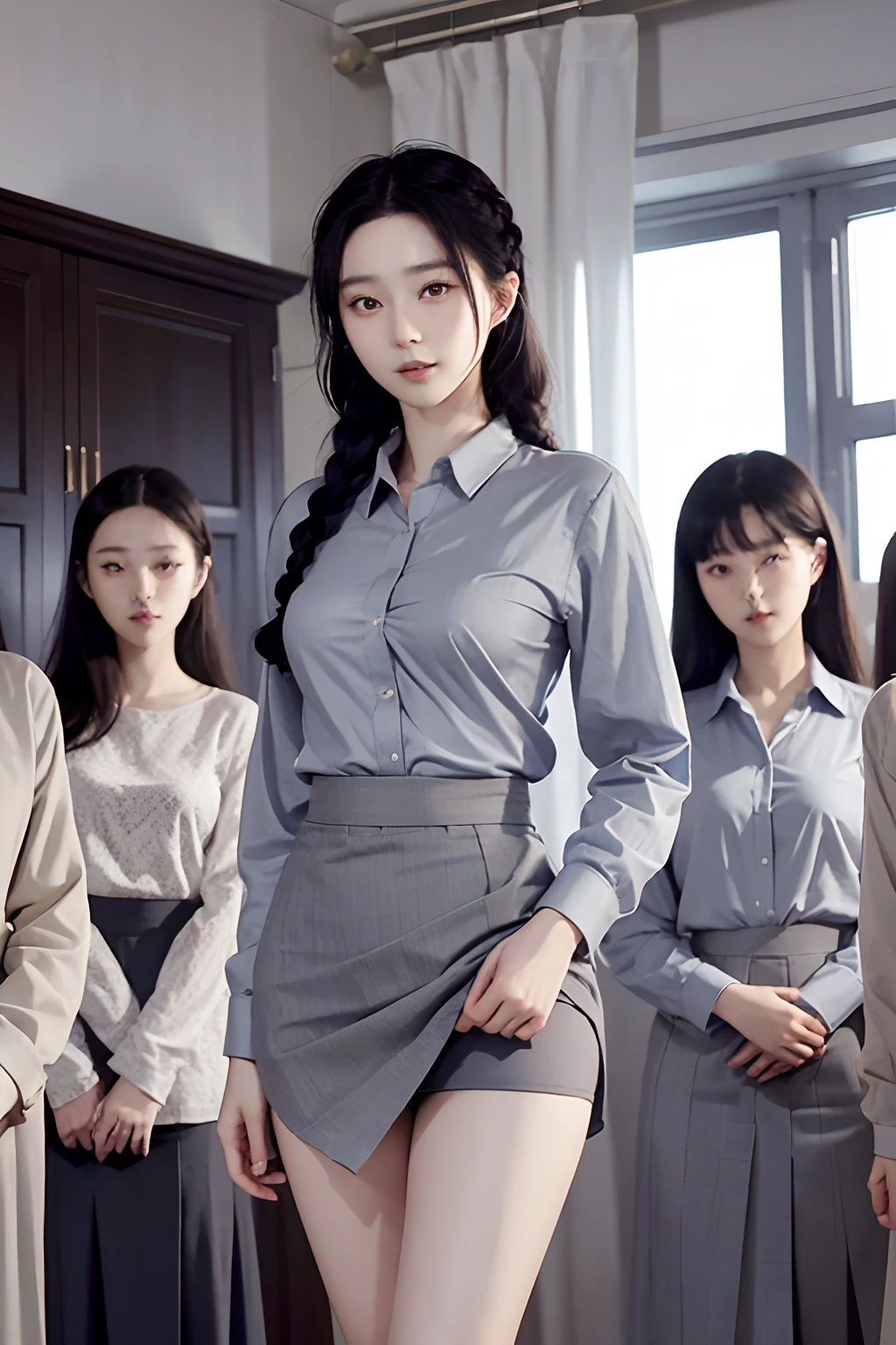 masutepiece, Best Quality, Braids、Five girls in the classroom,(5 people standing:1.2),Standing,20s, Looking at Viewer,l Group shot, harems,nffsw,Underwear,(pantiy),Realistic,OL pose,(Gray suit and pink shirt) ,(Gray tight skirt),(Looking back, ass grab:0.9),(Beautiful eyes:1.3),frombelow,From below,Kinney,(skinny:1.2) ,thick-eyed thighs, Long body, novel illustration,(Smelly eyes:0.5),closed curtains,(shirts lift,lifted by self:1.5) ,Dark Persona.Skirt lift front,(Panties:1.3),